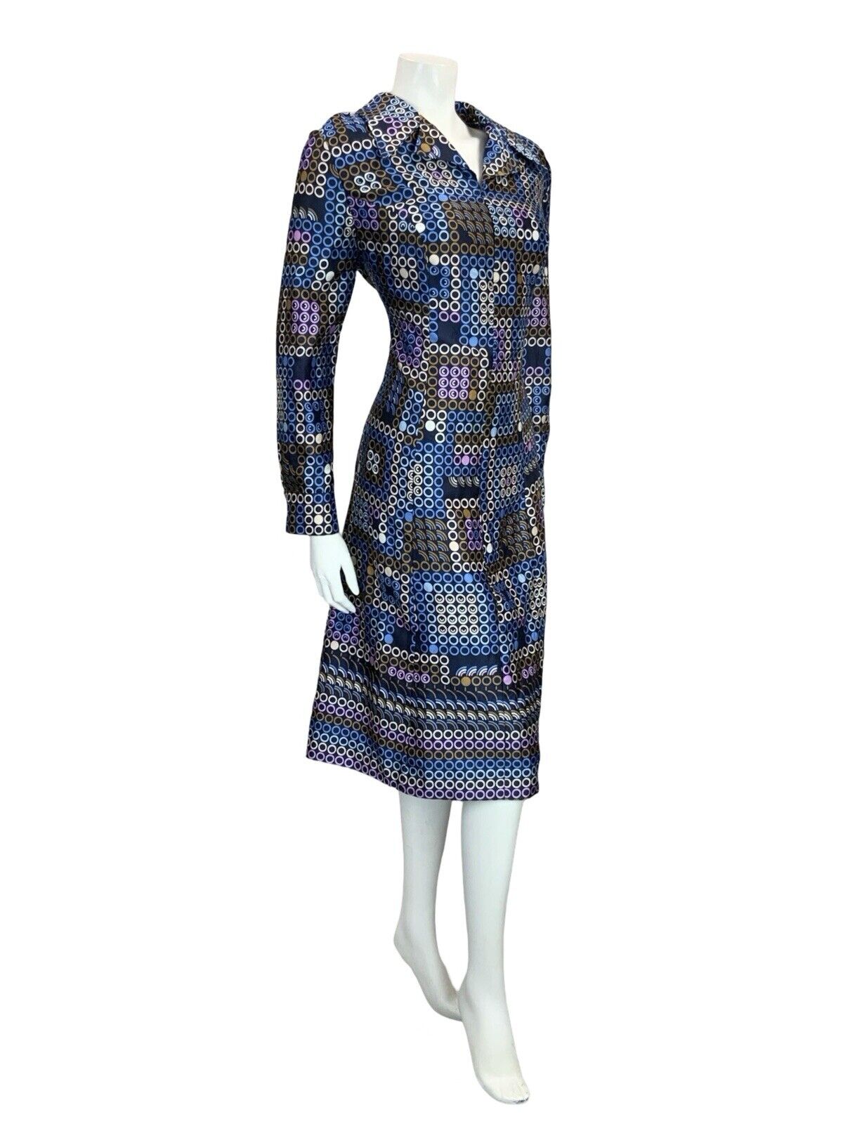 VTG 60S 70S BLUE WHITE BROWN PURPLE GEOMETRIC OPEN COLLAR DOT SHIRT DRESS 14