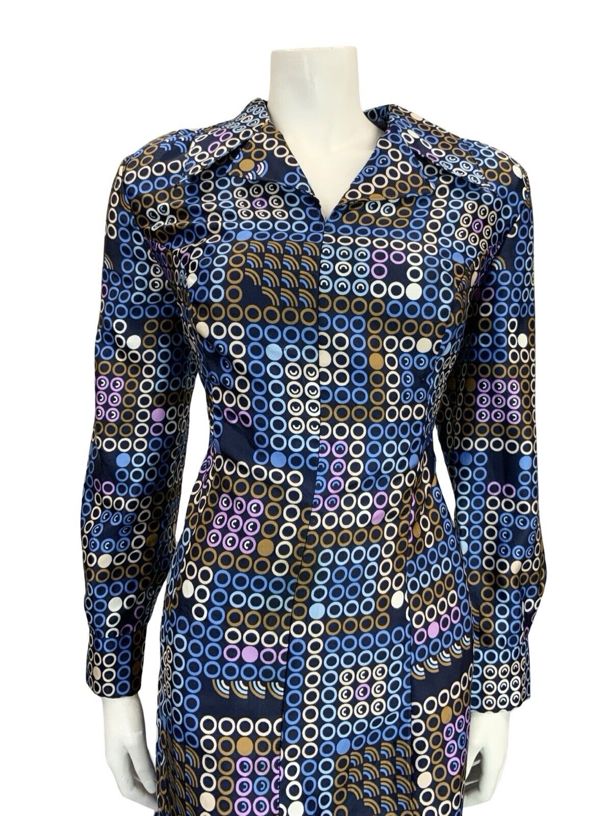 VTG 60S 70S BLUE WHITE BROWN PURPLE GEOMETRIC OPEN COLLAR DOT SHIRT DRESS 14