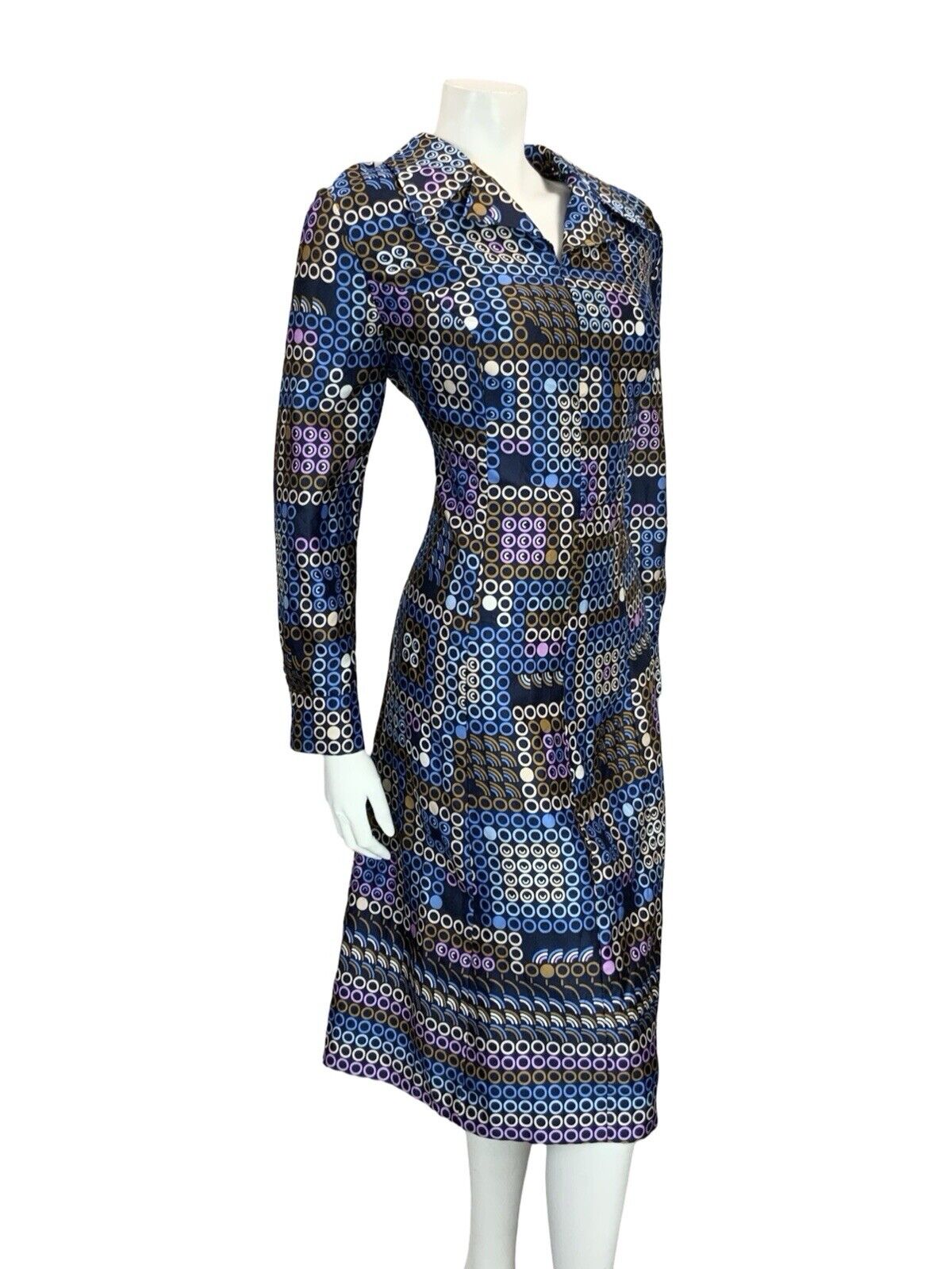 VTG 60S 70S BLUE WHITE BROWN PURPLE GEOMETRIC OPEN COLLAR DOT SHIRT DRESS 14