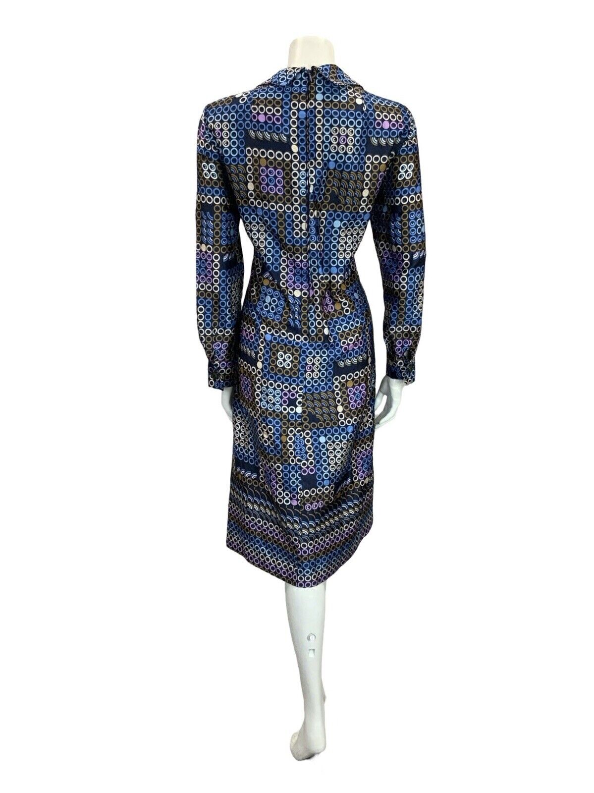 VTG 60S 70S BLUE WHITE BROWN PURPLE GEOMETRIC OPEN COLLAR DOT SHIRT DRESS 14