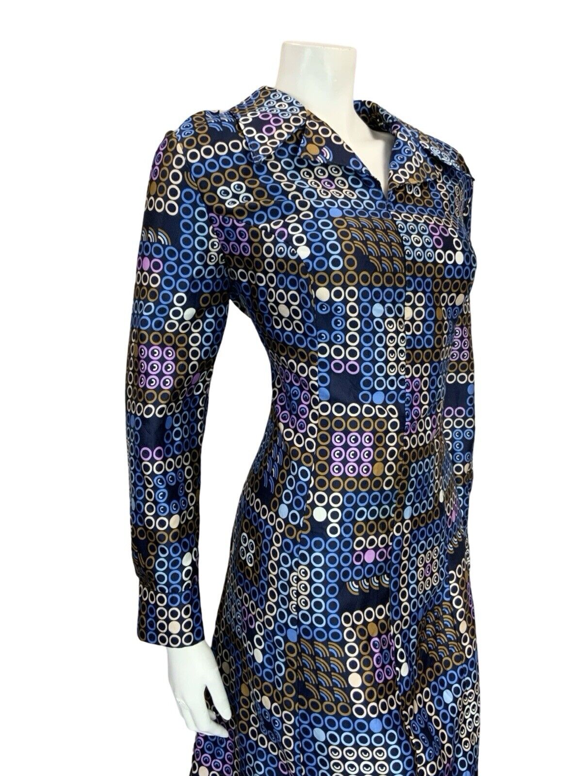 VTG 60S 70S BLUE WHITE BROWN PURPLE GEOMETRIC OPEN COLLAR DOT SHIRT DRESS 14