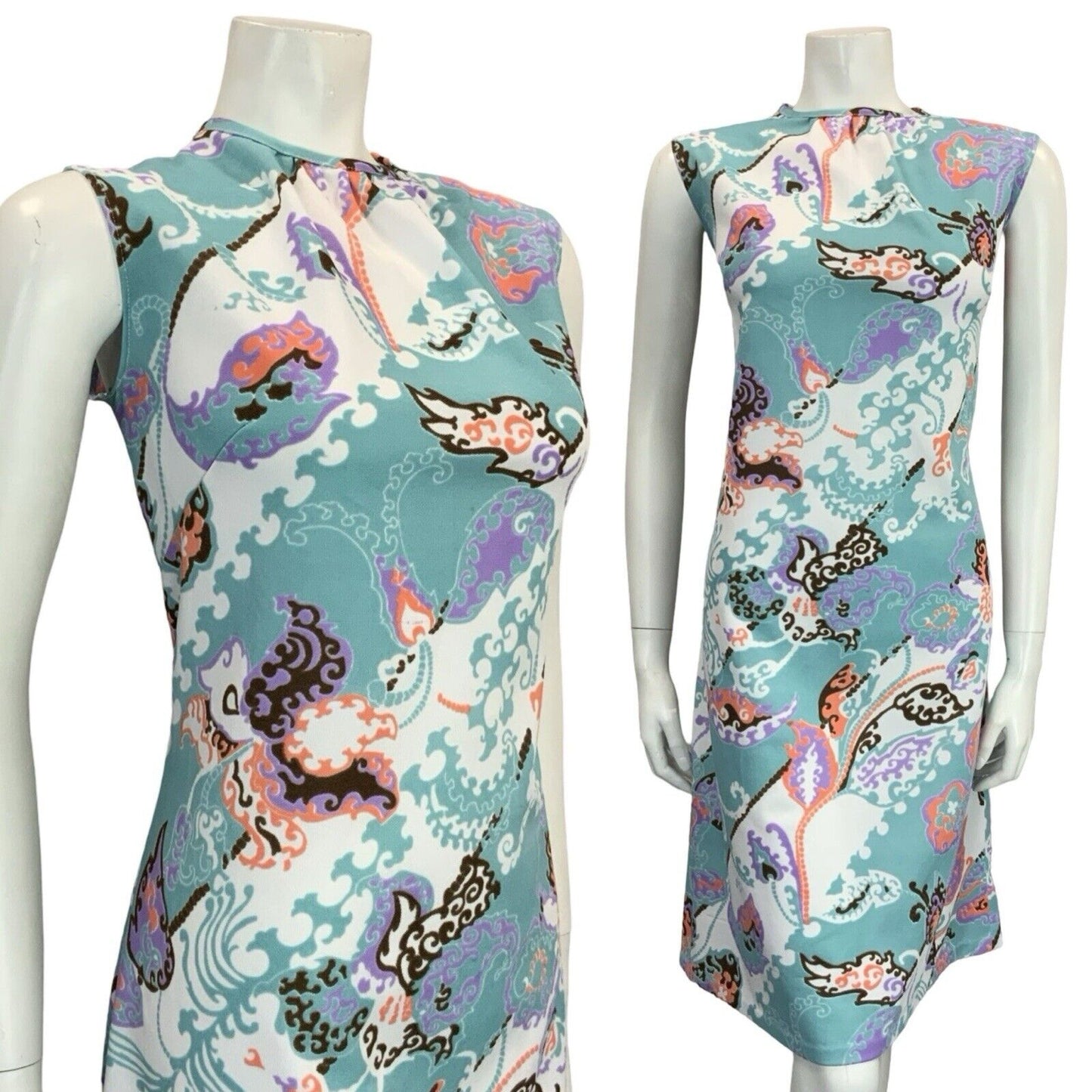 VTG 60S MOD GOGO BLUE WHITE PINK BROWN PSYCHEDELIC LEAFY FLORAL SHIFT DRESS 12