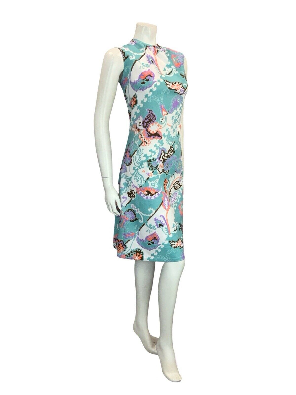 VTG 60S MOD GOGO BLUE WHITE PINK BROWN PSYCHEDELIC LEAFY FLORAL SHIFT DRESS 12