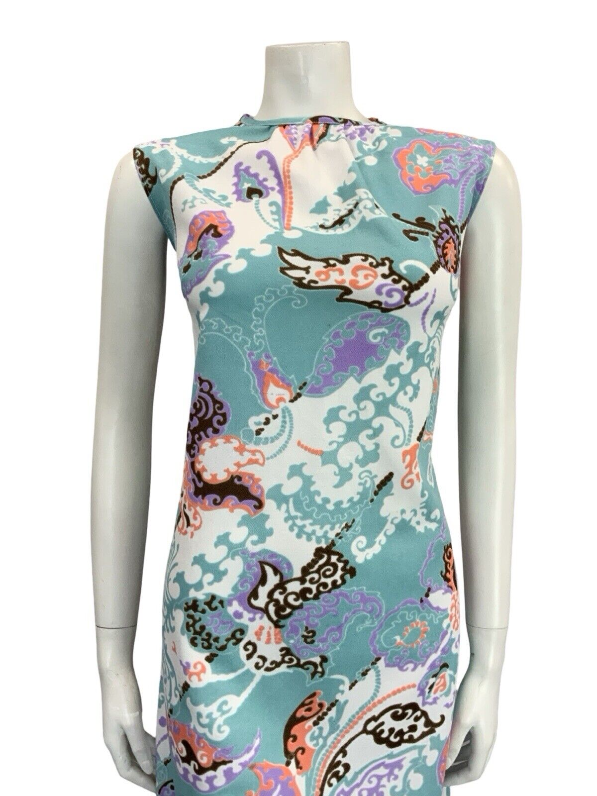VTG 60S MOD GOGO BLUE WHITE PINK BROWN PSYCHEDELIC LEAFY FLORAL SHIFT DRESS 12