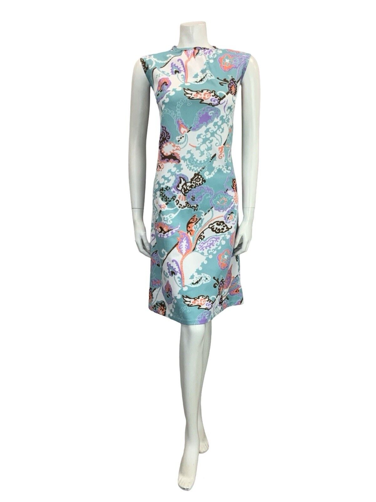 VTG 60S MOD GOGO BLUE WHITE PINK BROWN PSYCHEDELIC LEAFY FLORAL SHIFT DRESS 12