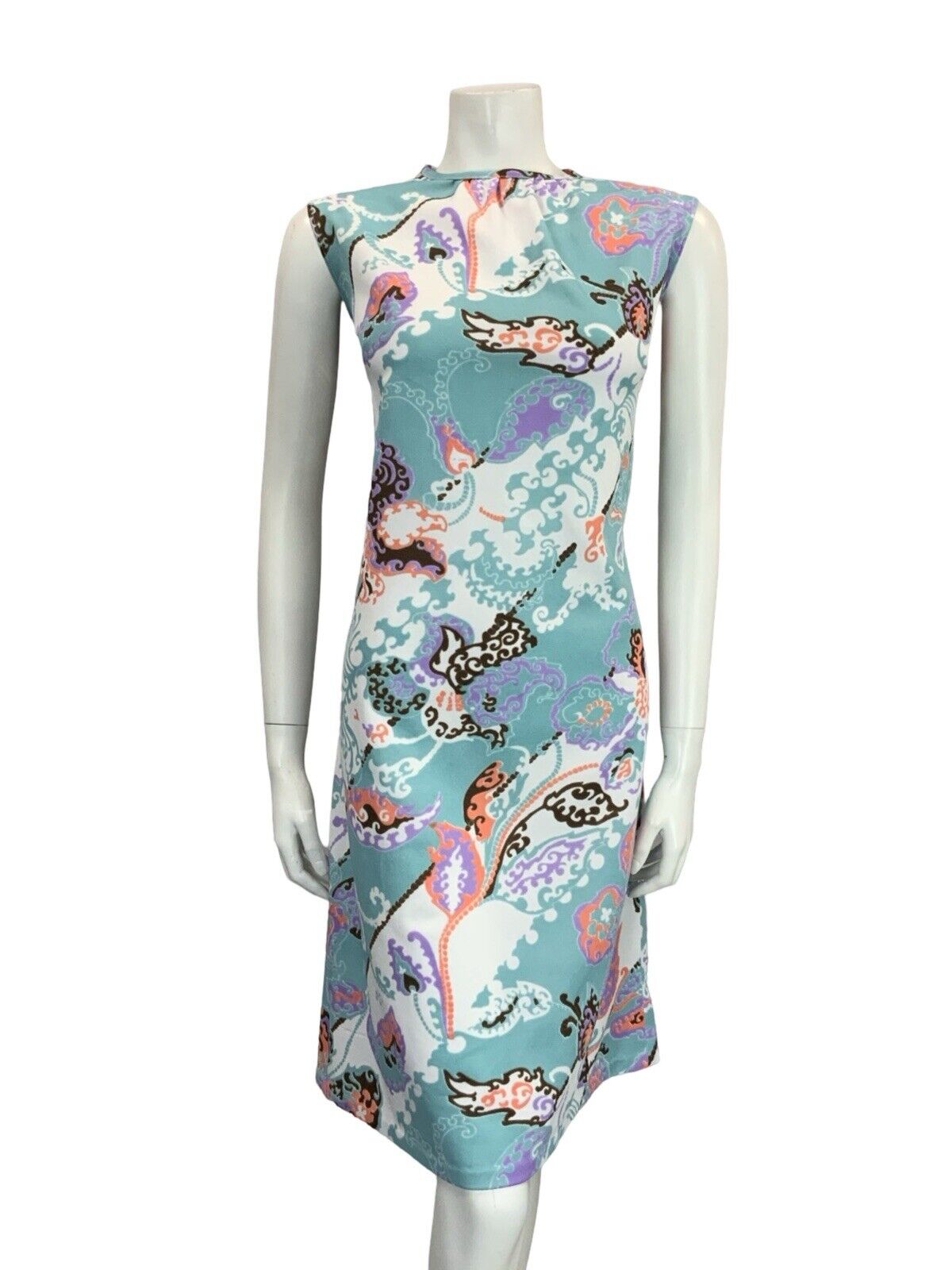 VTG 60S MOD GOGO BLUE WHITE PINK BROWN PSYCHEDELIC LEAFY FLORAL SHIFT DRESS 12