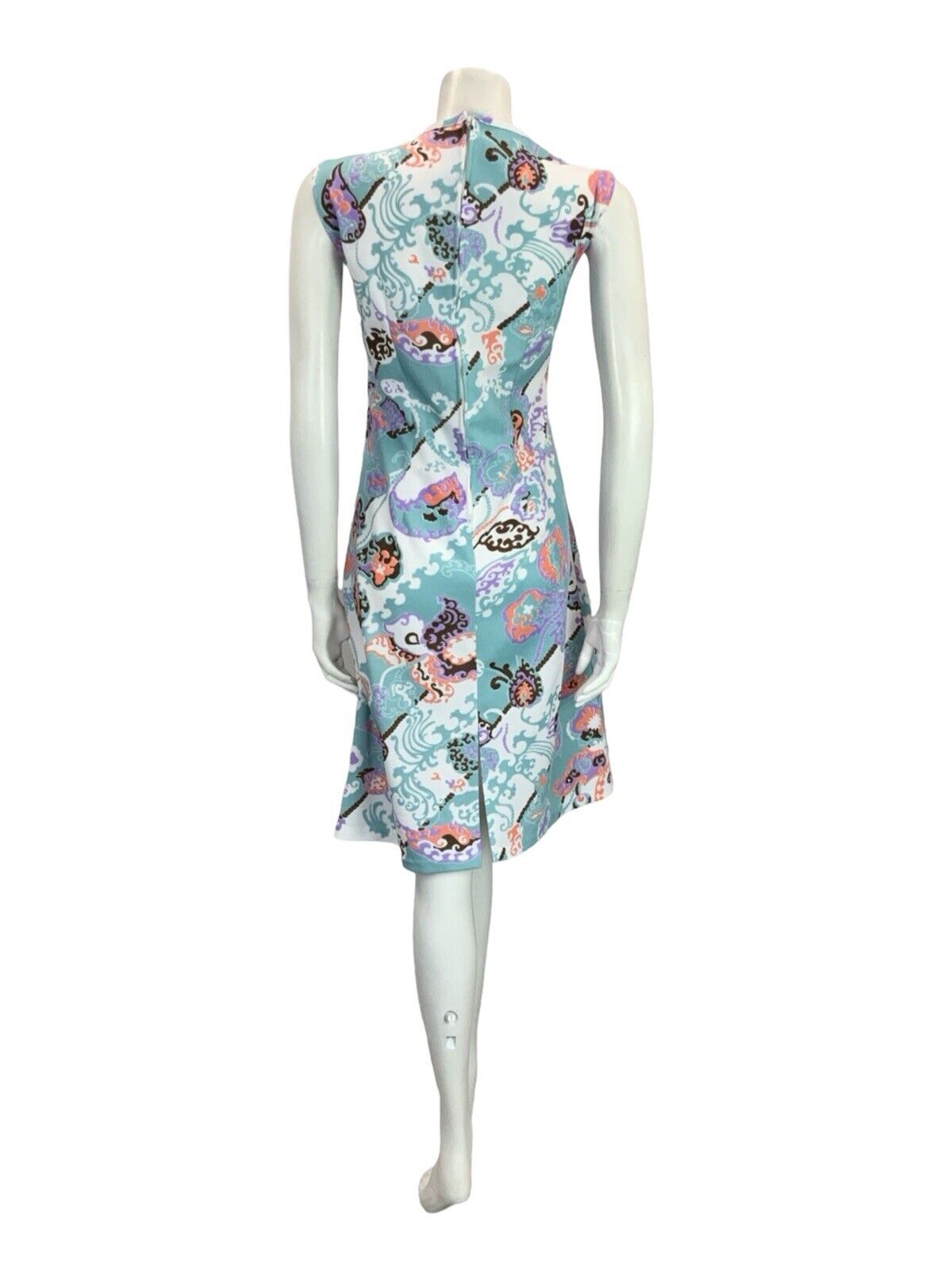 VTG 60S MOD GOGO BLUE WHITE PINK BROWN PSYCHEDELIC LEAFY FLORAL SHIFT DRESS 12