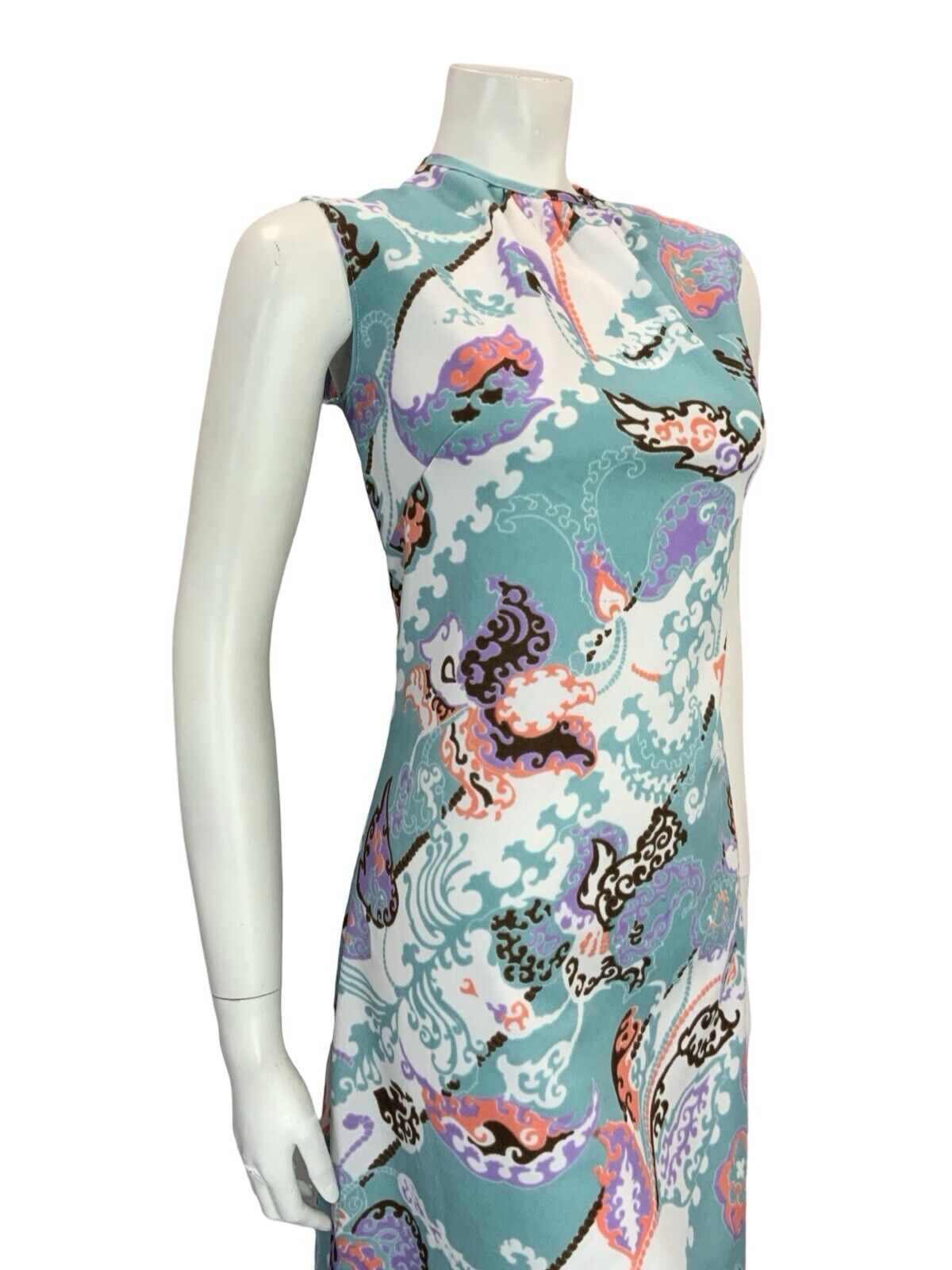 VTG 60S MOD GOGO BLUE WHITE PINK BROWN PSYCHEDELIC LEAFY FLORAL SHIFT DRESS 12