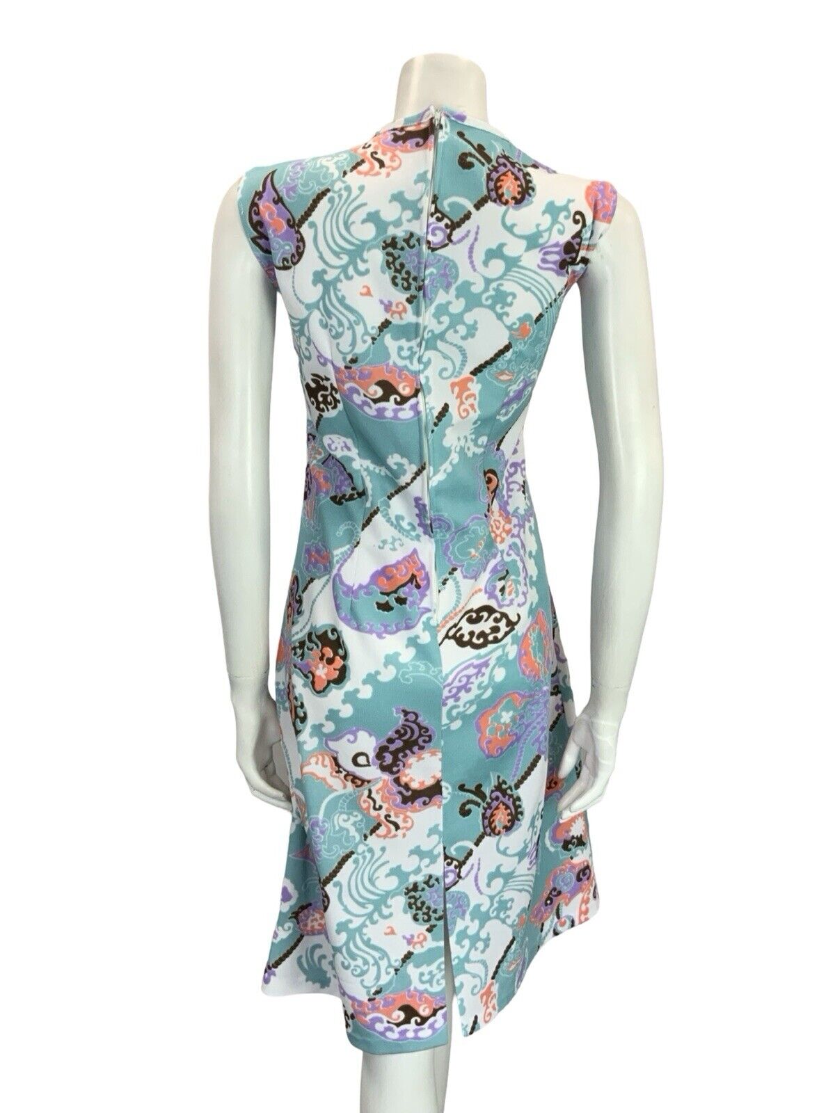 VTG 60S MOD GOGO BLUE WHITE PINK BROWN PSYCHEDELIC LEAFY FLORAL SHIFT DRESS 12