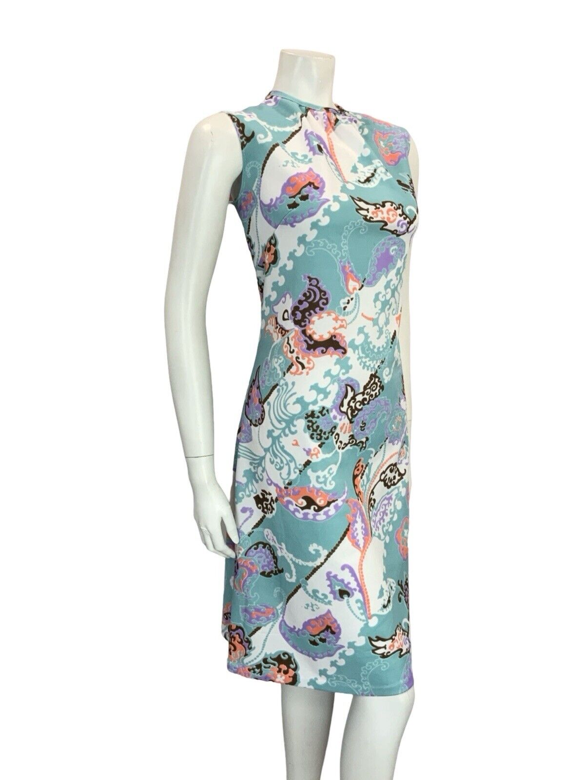 VTG 60S MOD GOGO BLUE WHITE PINK BROWN PSYCHEDELIC LEAFY FLORAL SHIFT DRESS 12