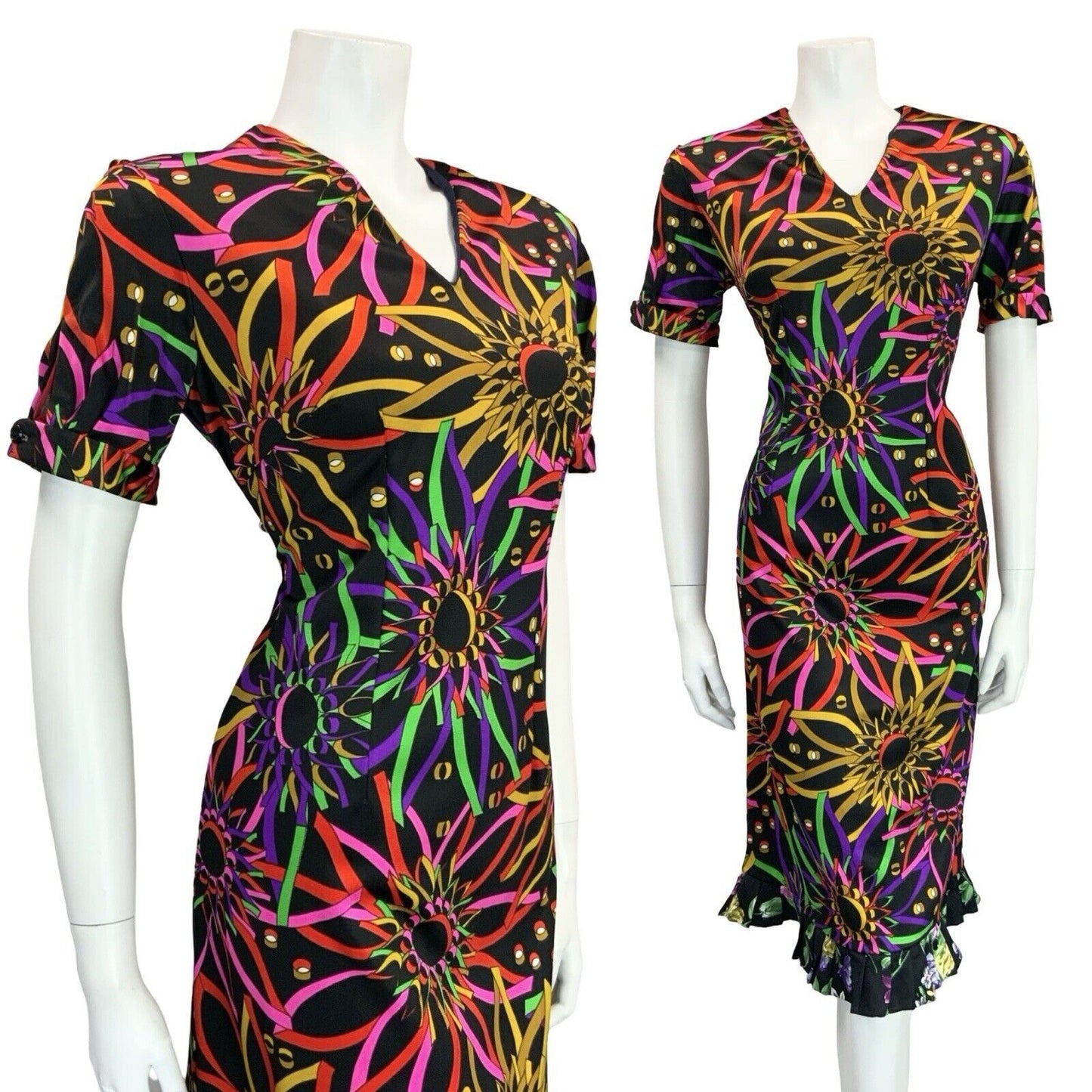 VTG 60S 70S BLACK PINK GREEN YELLOW PSYCHDELIC FLORAL V NECK MIDI DRESS 12