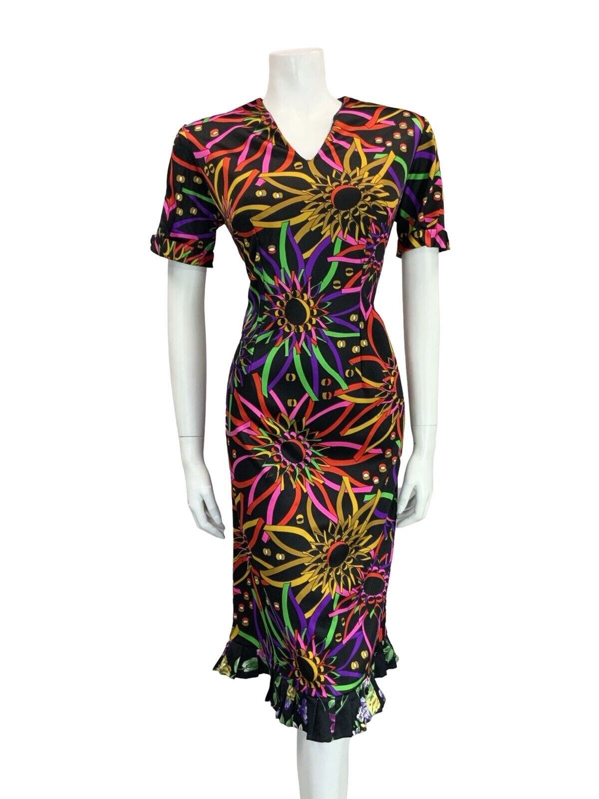 VTG 60S 70S BLACK PINK GREEN YELLOW PSYCHDELIC FLORAL V NECK MIDI DRESS 12