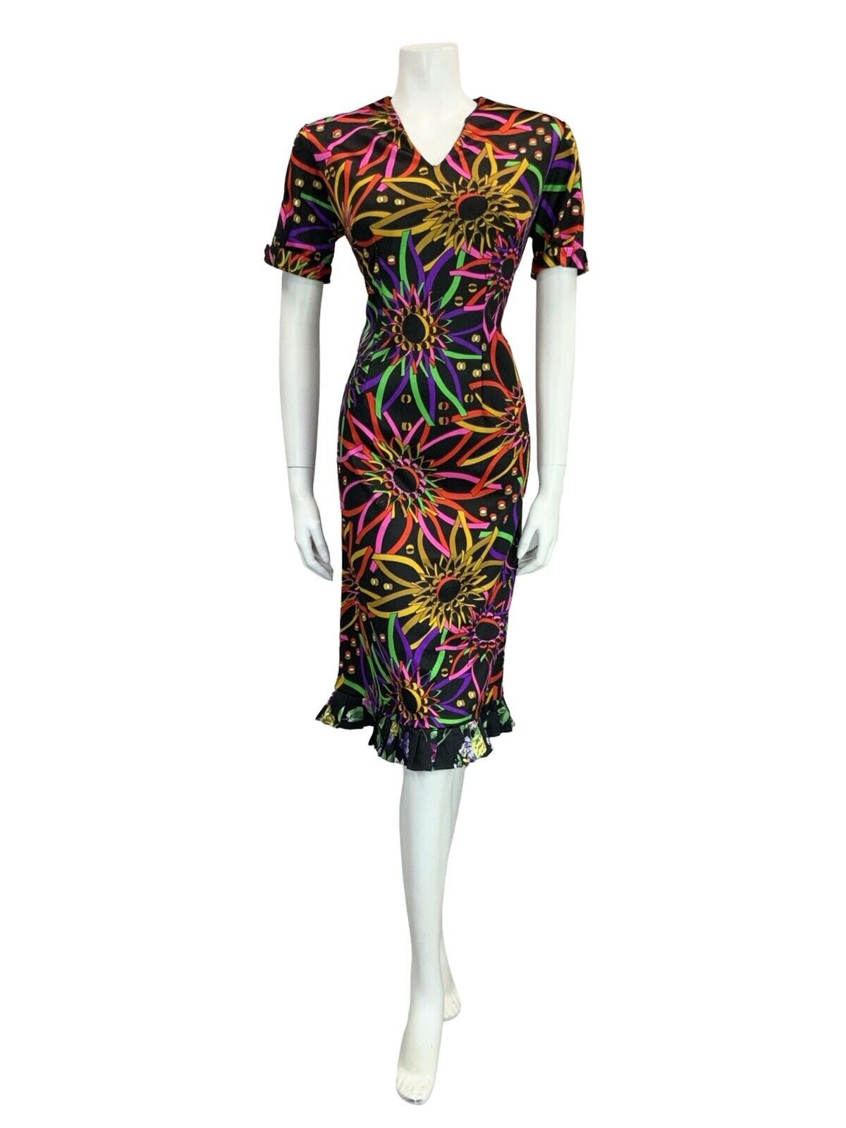 VTG 60S 70S BLACK PINK GREEN YELLOW PSYCHDELIC FLORAL V NECK MIDI DRESS 12