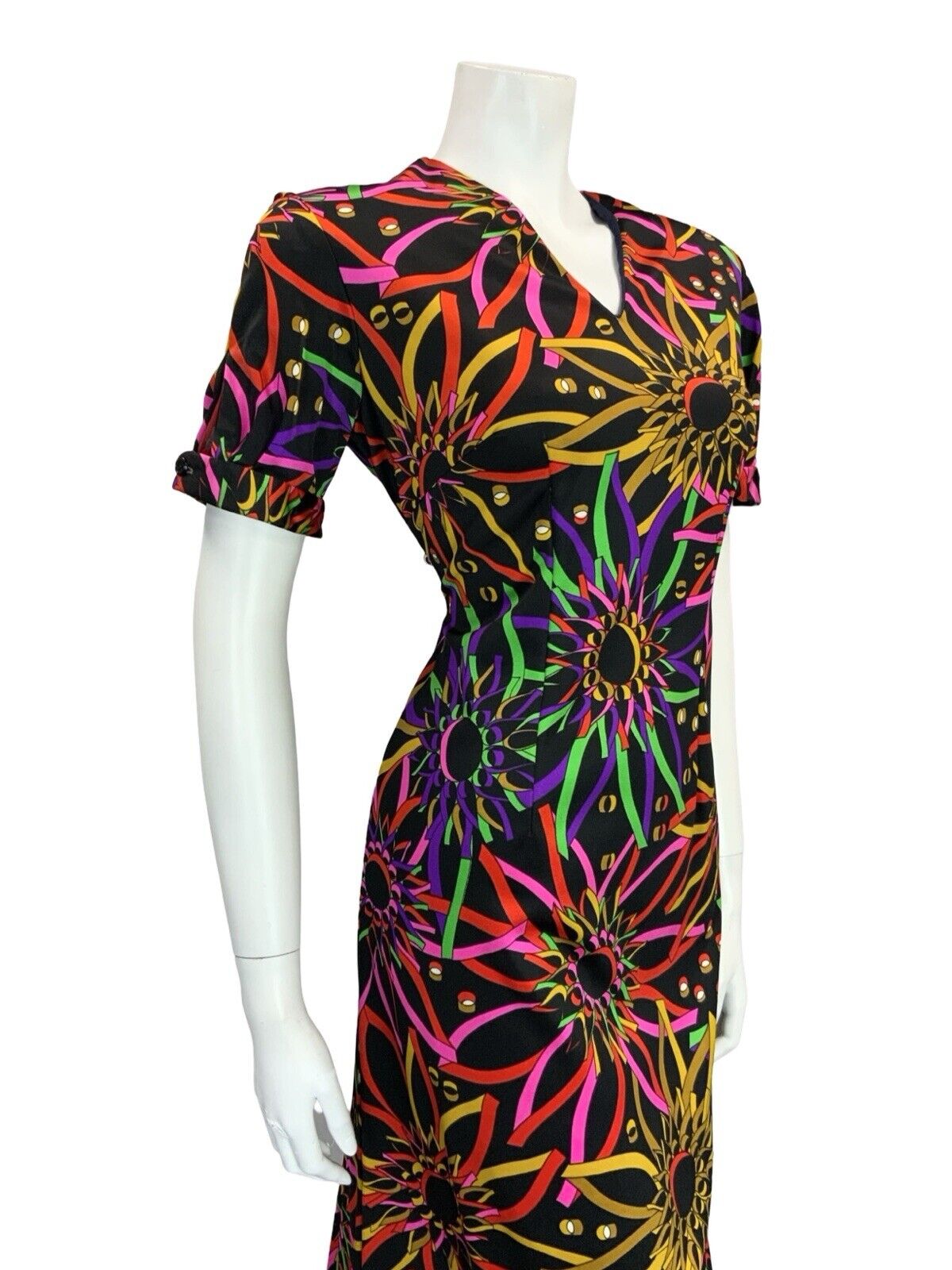 VTG 60S 70S BLACK PINK GREEN YELLOW PSYCHDELIC FLORAL V NECK MIDI DRESS 12