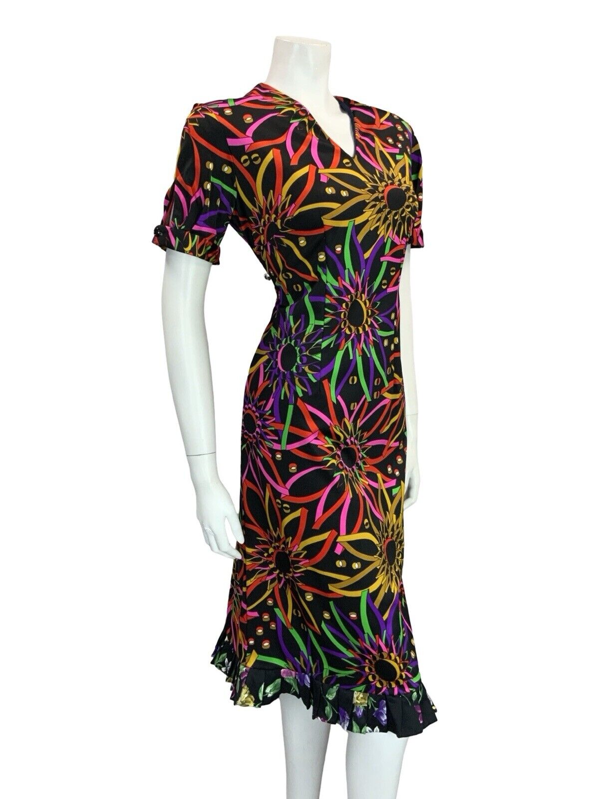 VTG 60S 70S BLACK PINK GREEN YELLOW PSYCHDELIC FLORAL V NECK MIDI DRESS 12