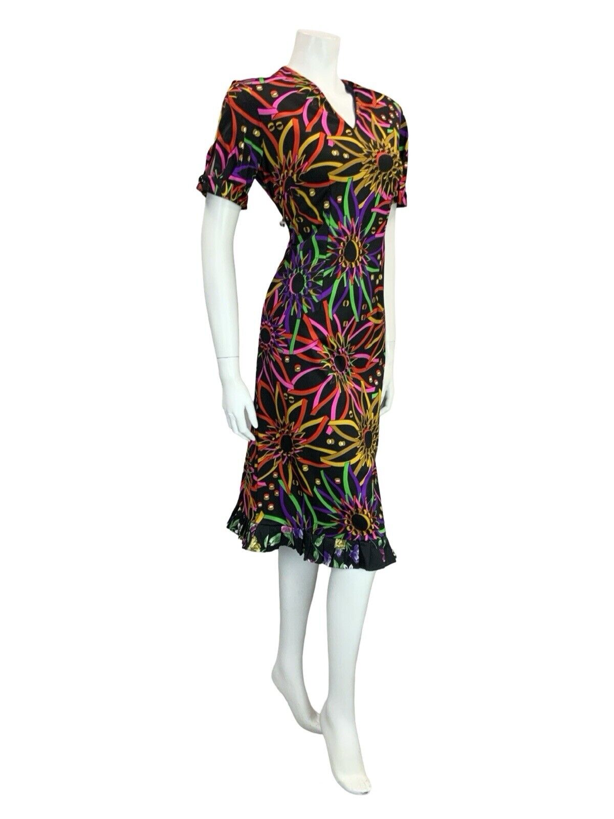 VTG 60S 70S BLACK PINK GREEN YELLOW PSYCHDELIC FLORAL V NECK MIDI DRESS 12