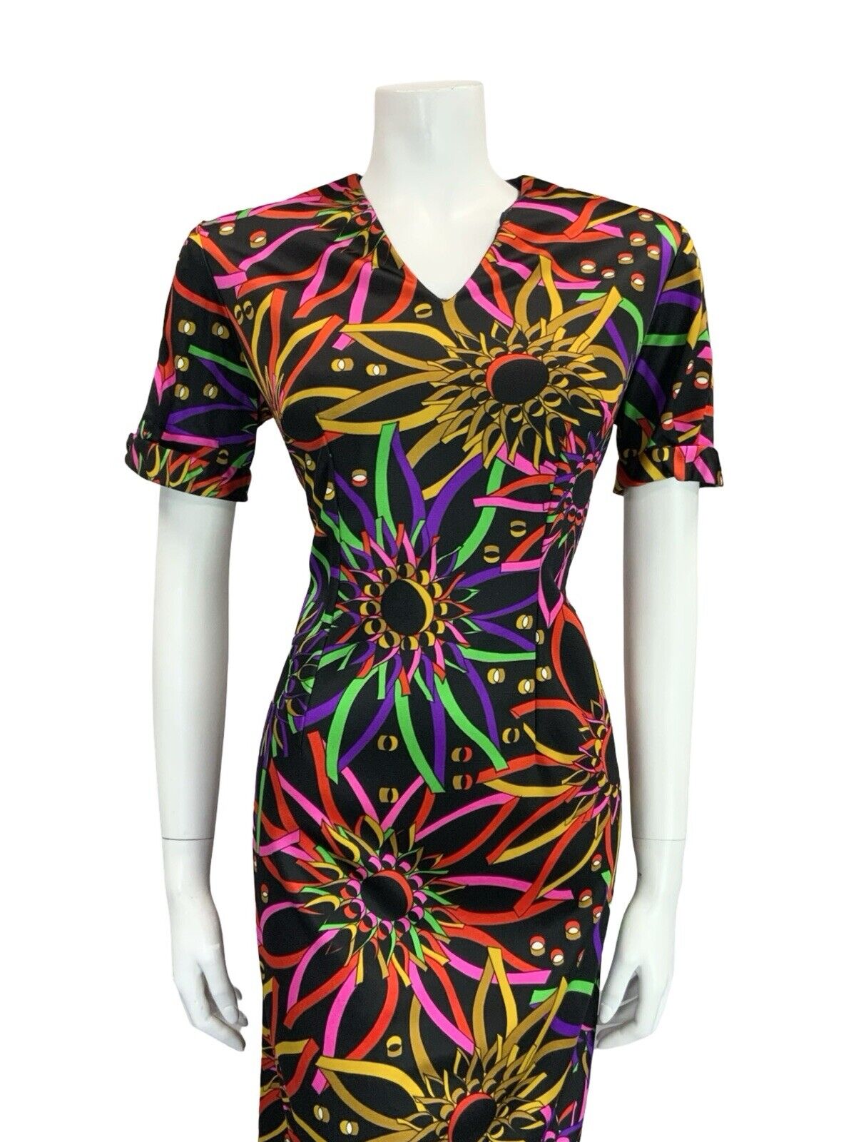 VTG 60S 70S BLACK PINK GREEN YELLOW PSYCHDELIC FLORAL V NECK MIDI DRESS 12