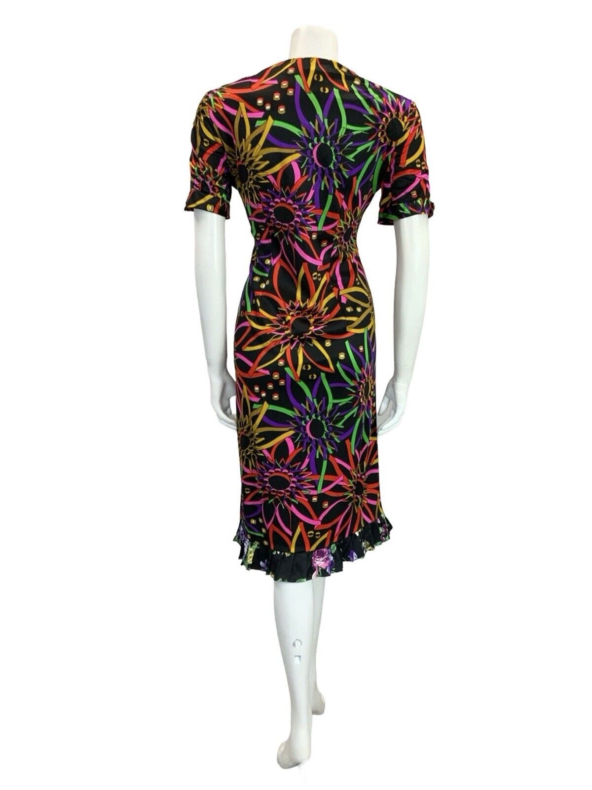 VTG 60S 70S BLACK PINK GREEN YELLOW PSYCHDELIC FLORAL V NECK MIDI DRESS 12