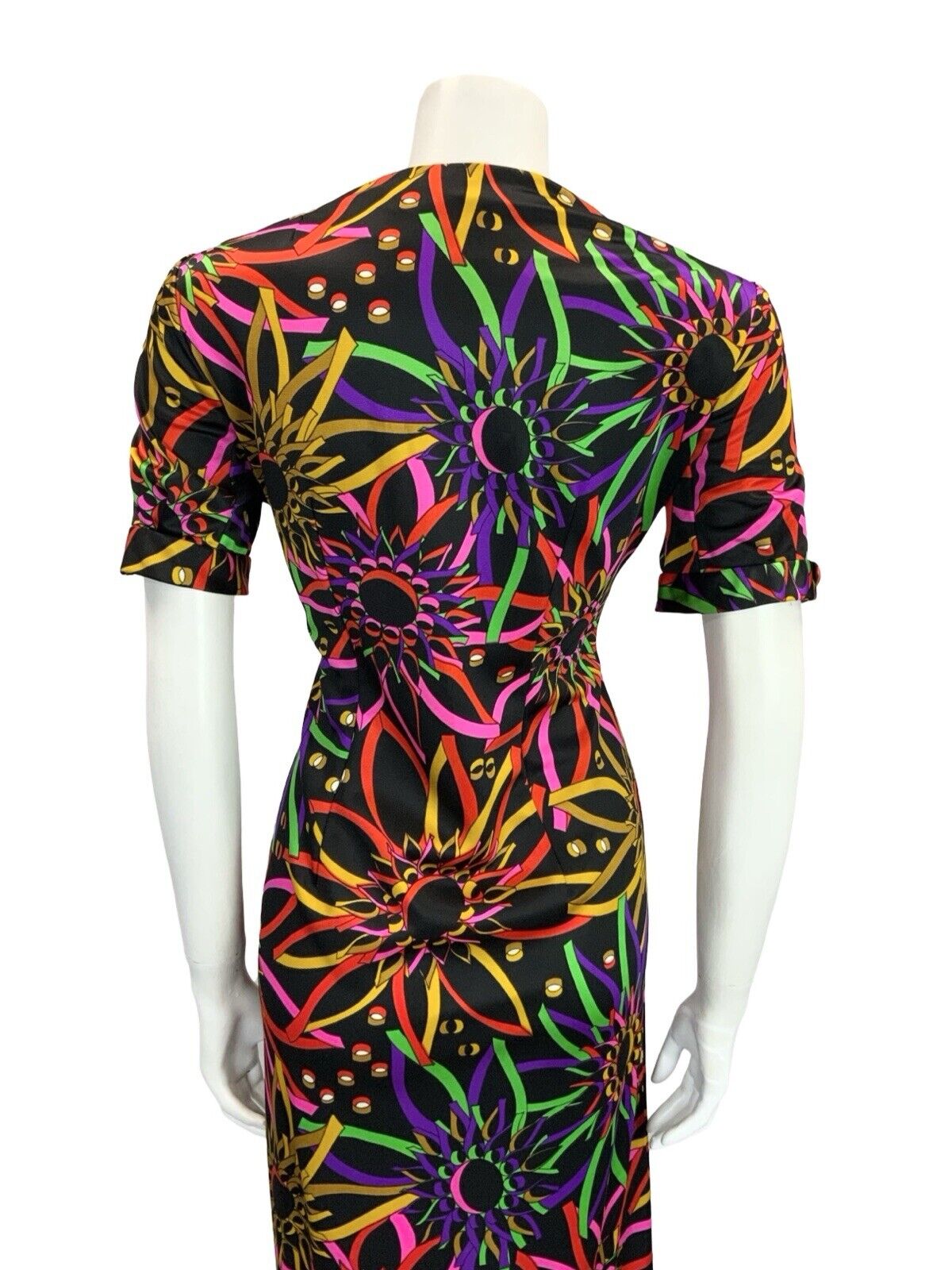 VTG 60S 70S BLACK PINK GREEN YELLOW PSYCHDELIC FLORAL V NECK MIDI DRESS 12