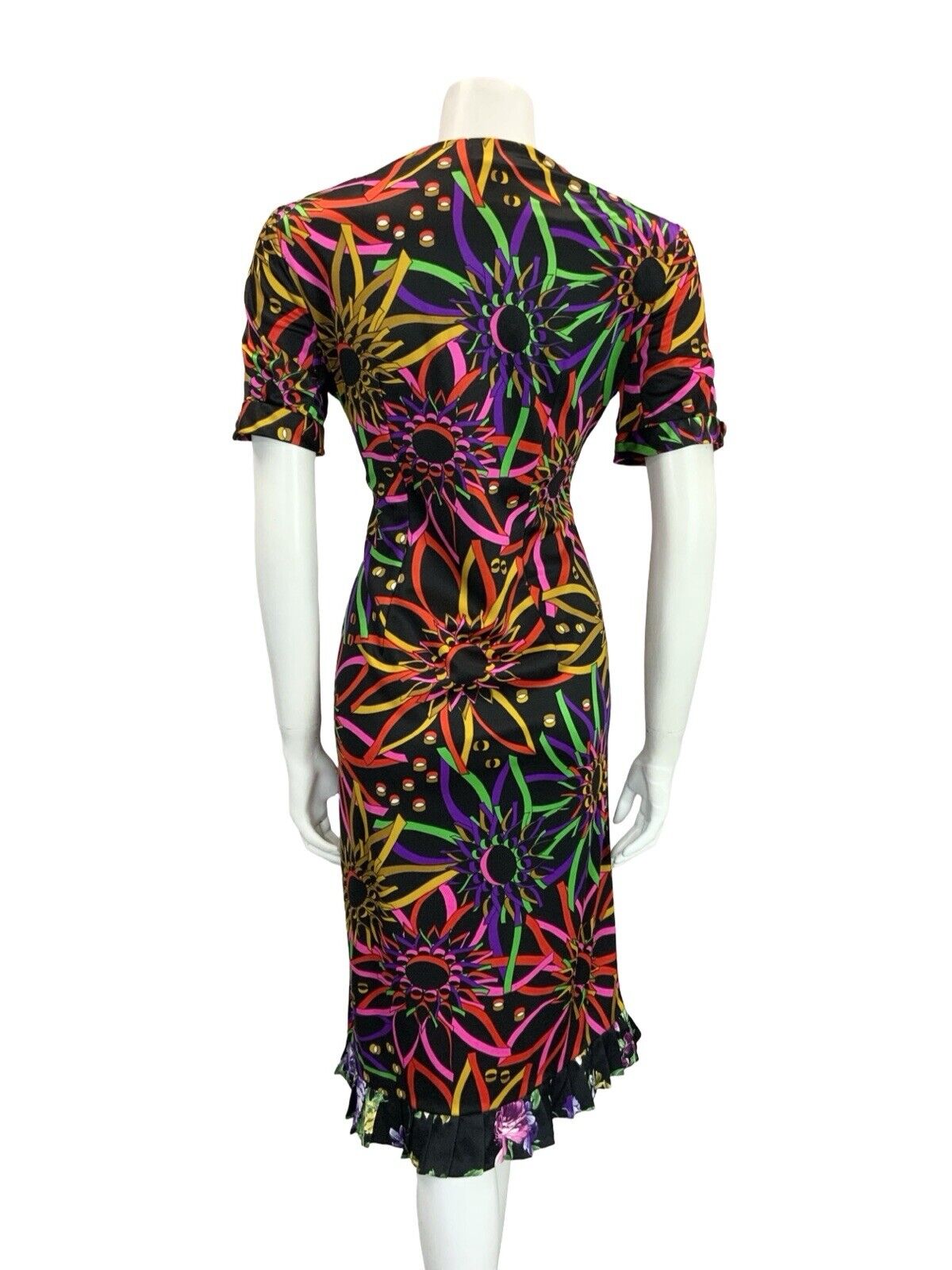 VTG 60S 70S BLACK PINK GREEN YELLOW PSYCHDELIC FLORAL V NECK MIDI DRESS 12