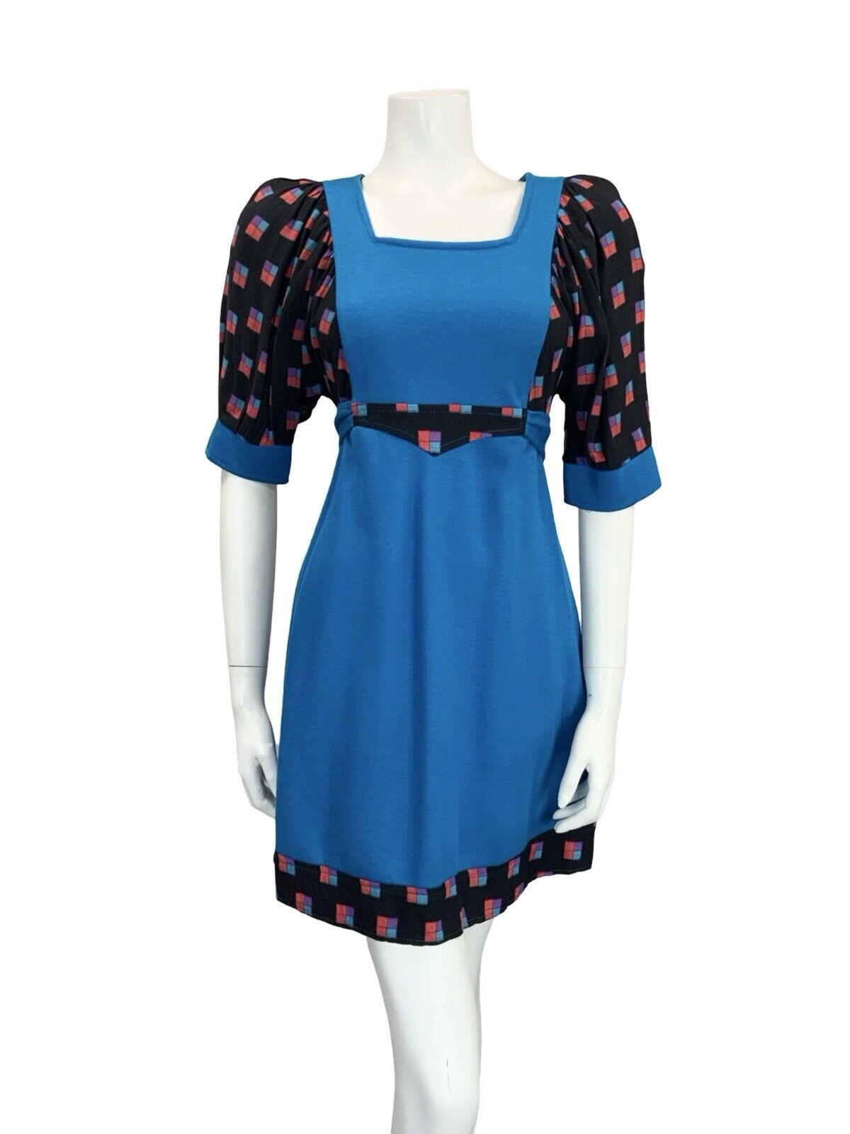 VTG 60S 70S BLUE BLACK RED PURPLE GEOMETRIC EMPIRE TIE WAIST SMOCK MINI DRESS 8