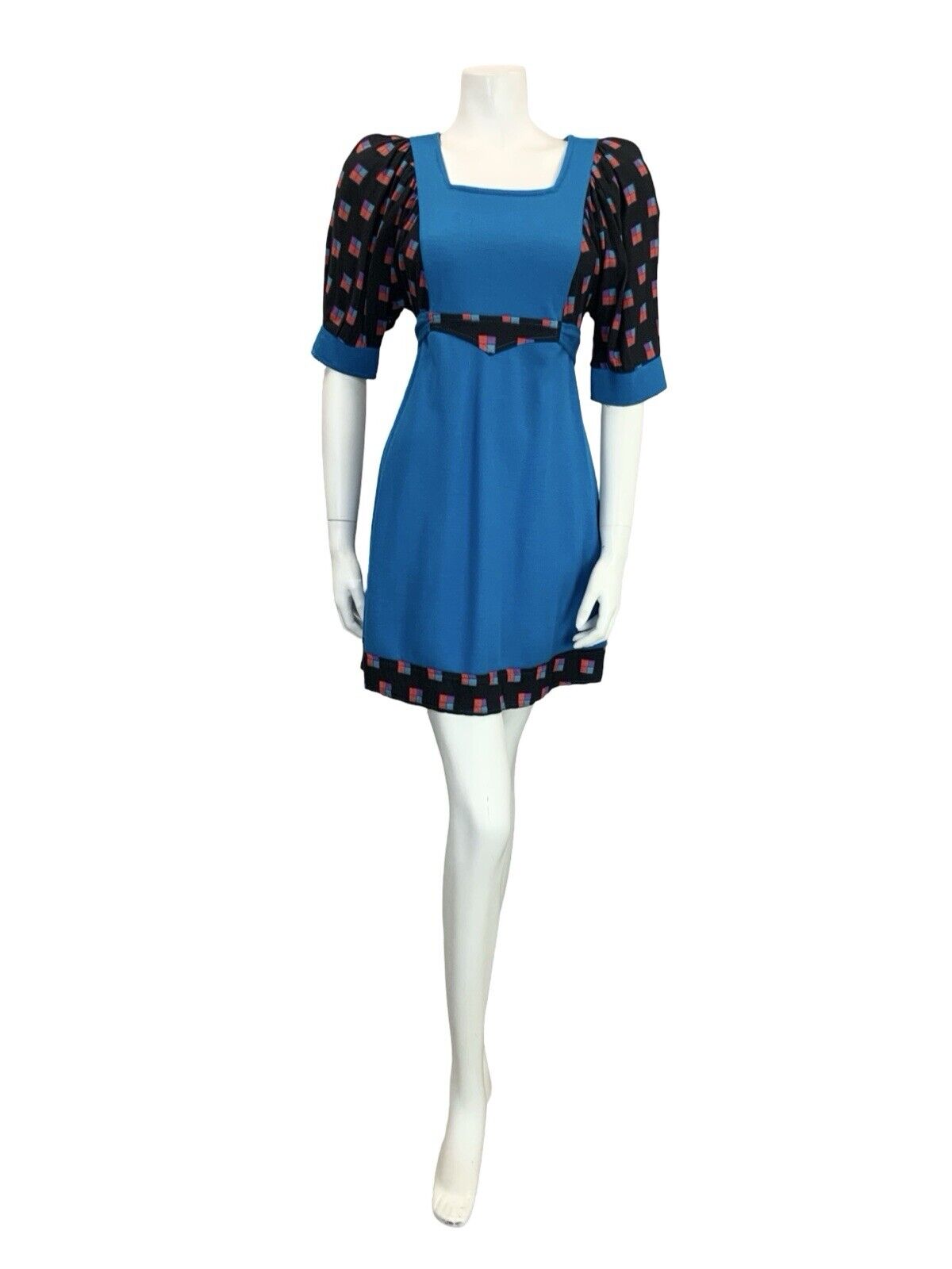 VTG 60S 70S BLUE BLACK RED PURPLE GEOMETRIC EMPIRE TIE WAIST SMOCK MINI DRESS 8