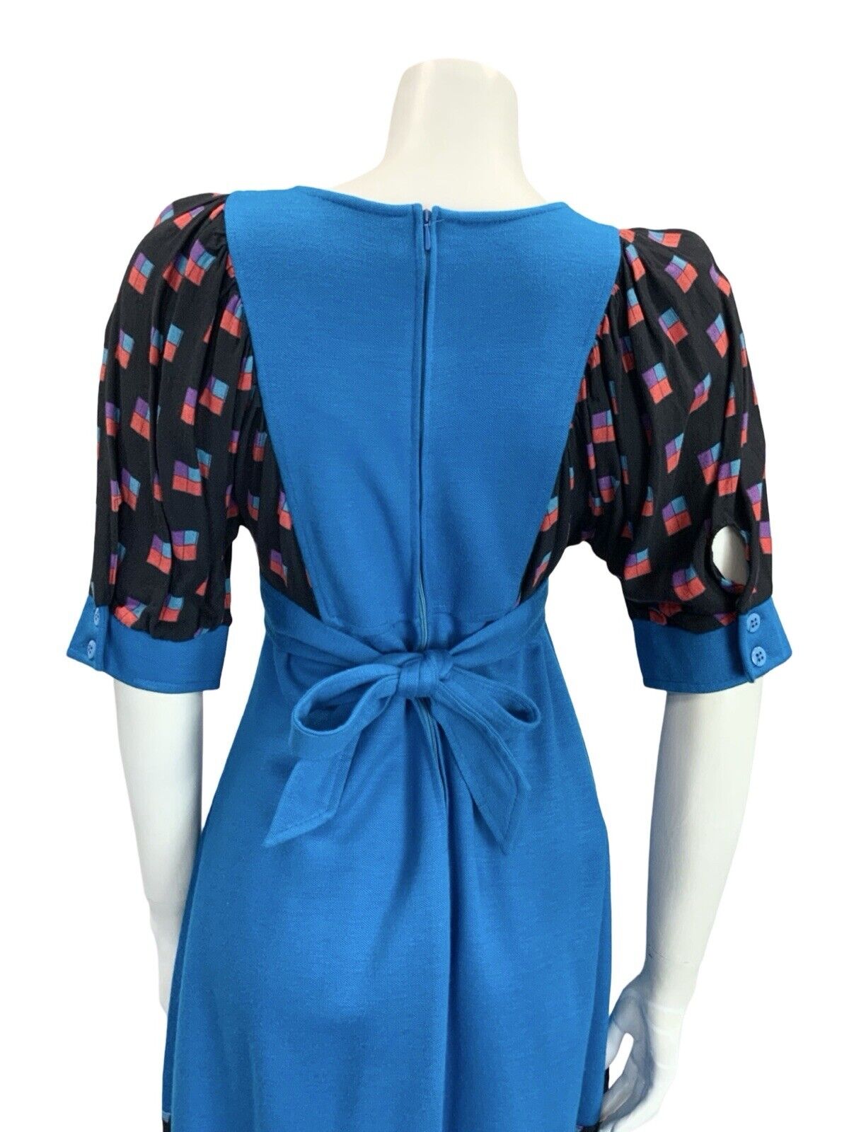 VTG 60S 70S BLUE BLACK RED PURPLE GEOMETRIC EMPIRE TIE WAIST SMOCK MINI DRESS 8