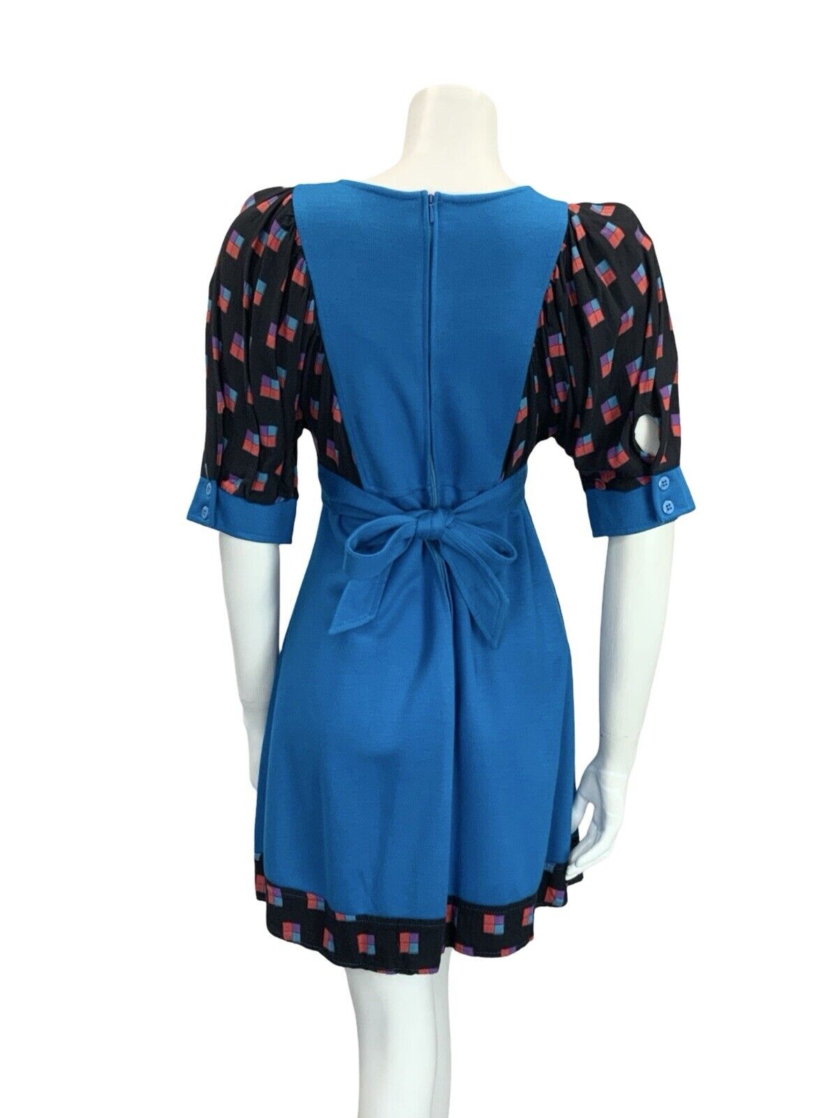 VTG 60S 70S BLUE BLACK RED PURPLE GEOMETRIC EMPIRE TIE WAIST SMOCK MINI DRESS 8