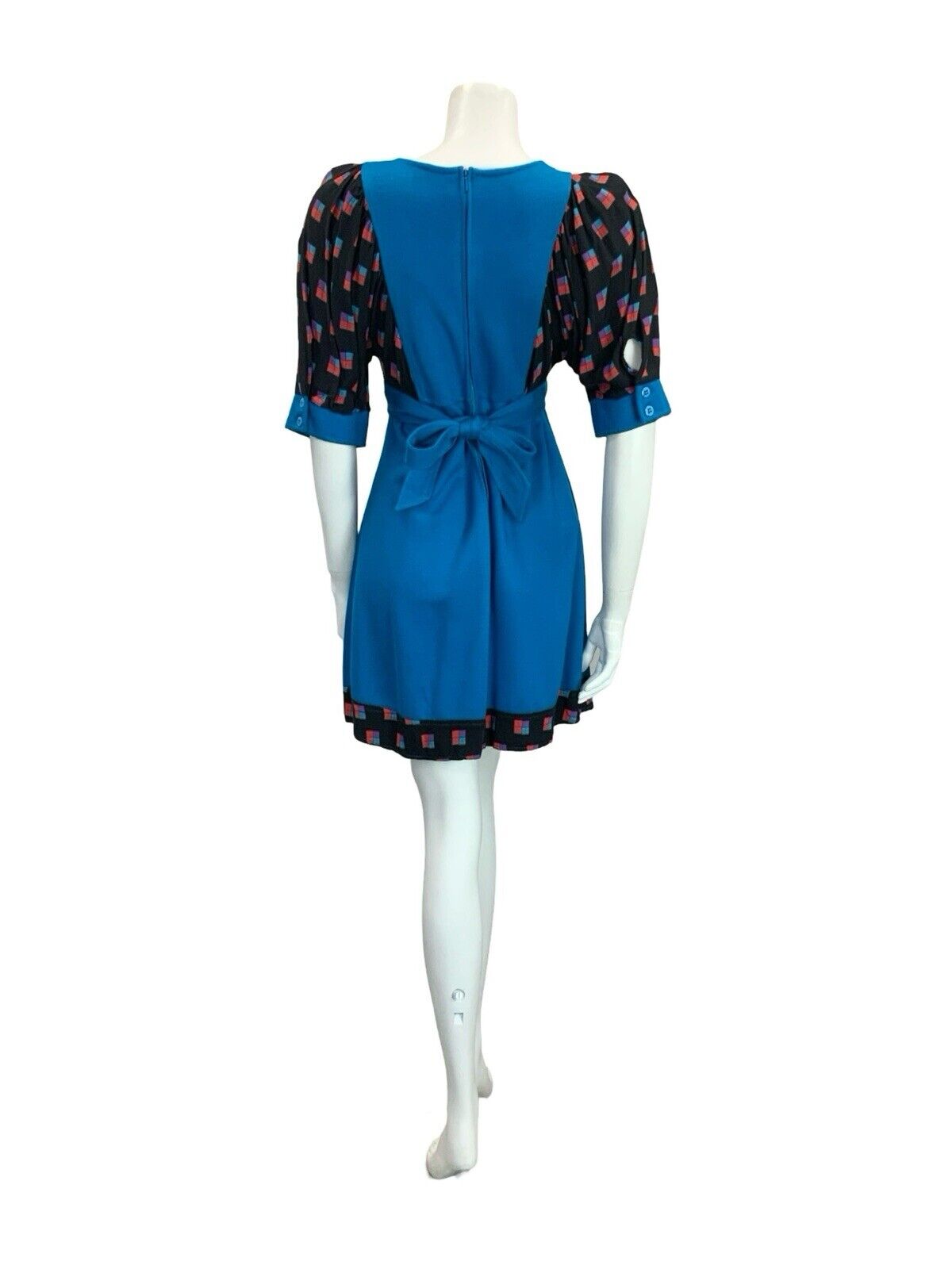 VTG 60S 70S BLUE BLACK RED PURPLE GEOMETRIC EMPIRE TIE WAIST SMOCK MINI DRESS 8