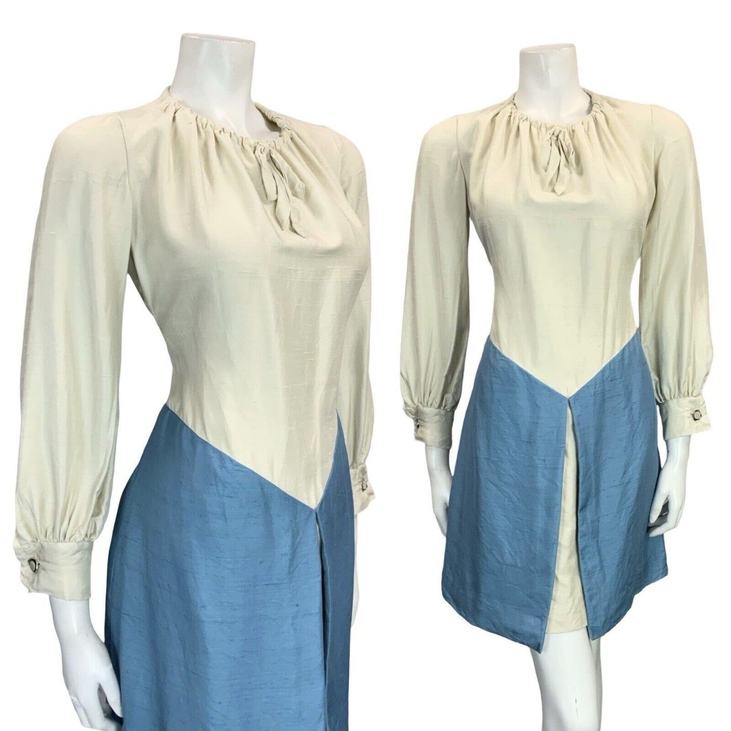VTG 60S 70S CREAM SKY BLUE ROMANTIC MEDIEVAL BASQUE WAIST PEASANT SHIFT DRESS 8