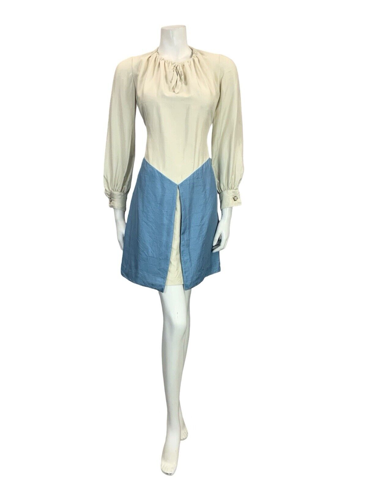 VTG 60S 70S CREAM SKY BLUE ROMANTIC MEDIEVAL BASQUE WAIST PEASANT SHIFT DRESS 8