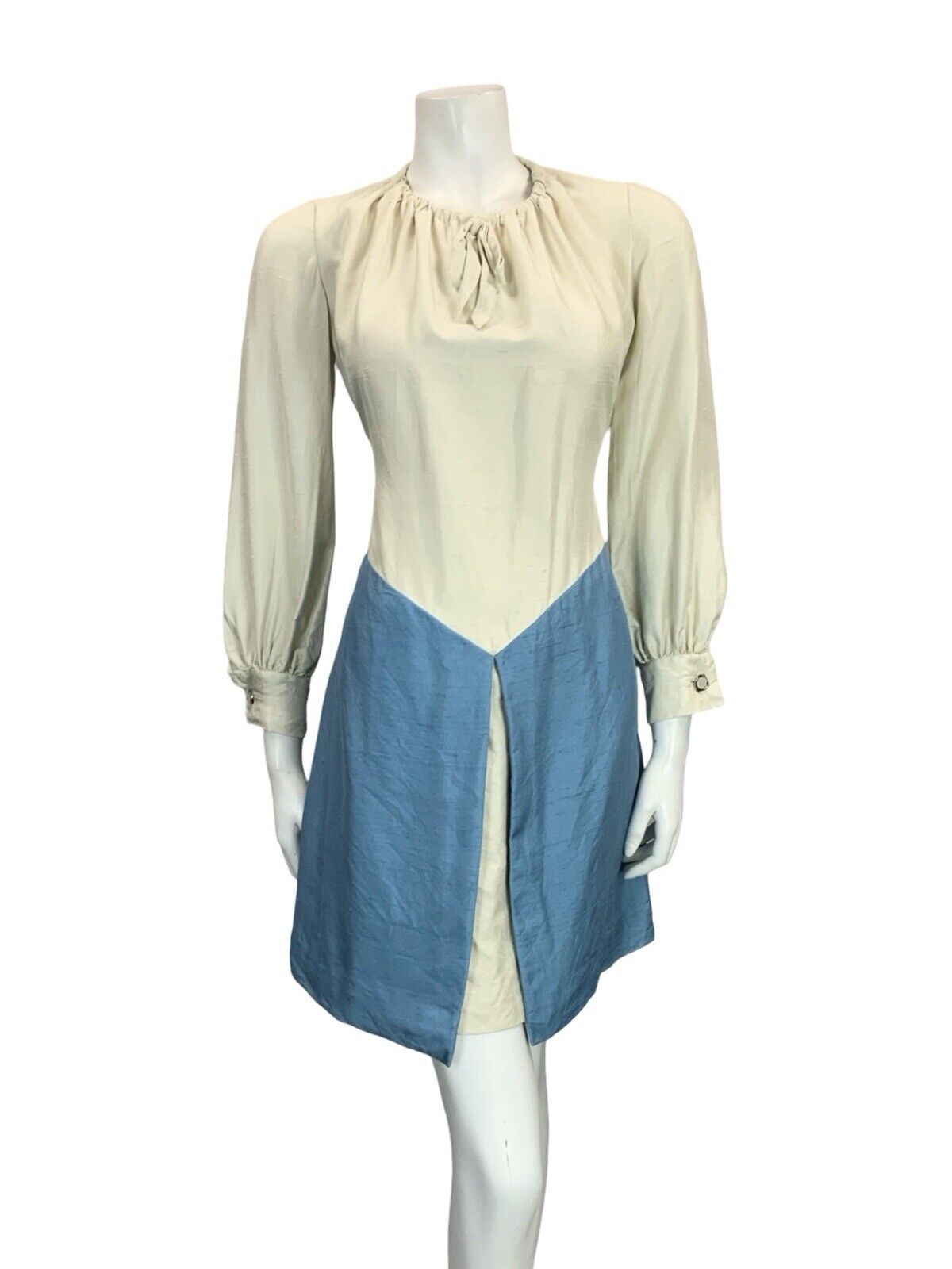 VTG 60S 70S CREAM SKY BLUE ROMANTIC MEDIEVAL BASQUE WAIST PEASANT SHIFT DRESS 8