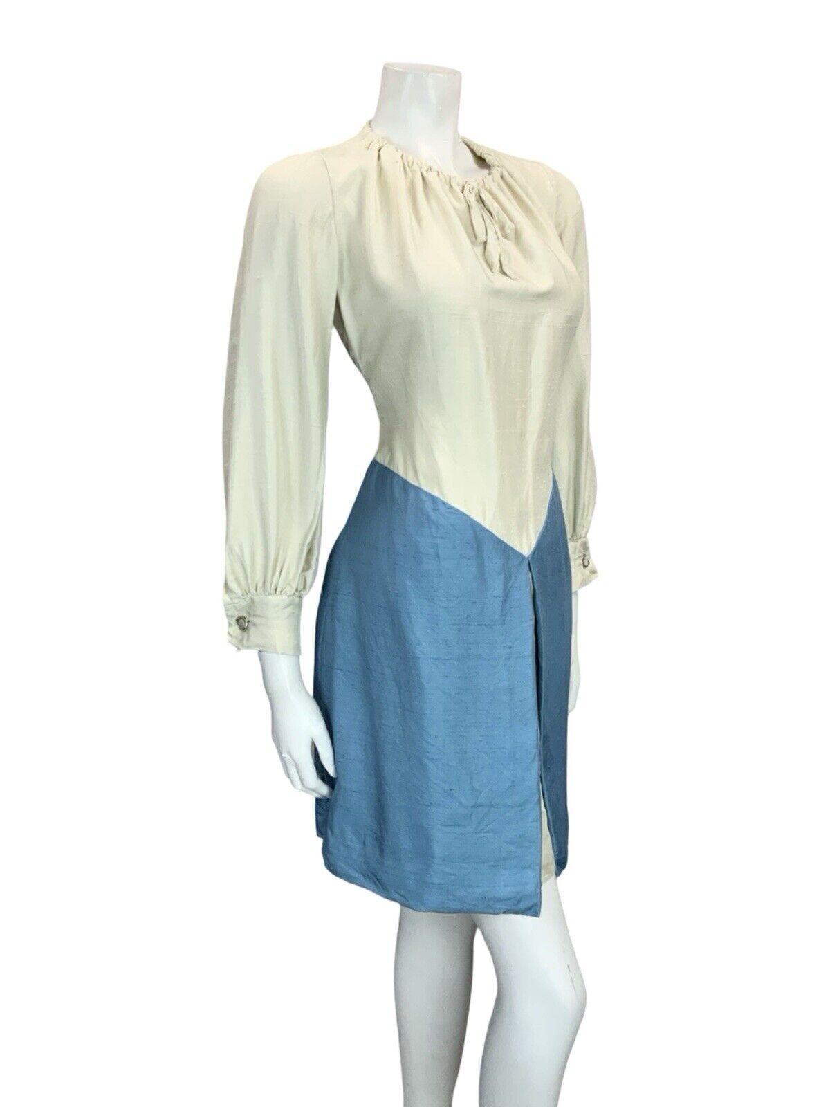 VTG 60S 70S CREAM SKY BLUE ROMANTIC MEDIEVAL BASQUE WAIST PEASANT SHIFT DRESS 8