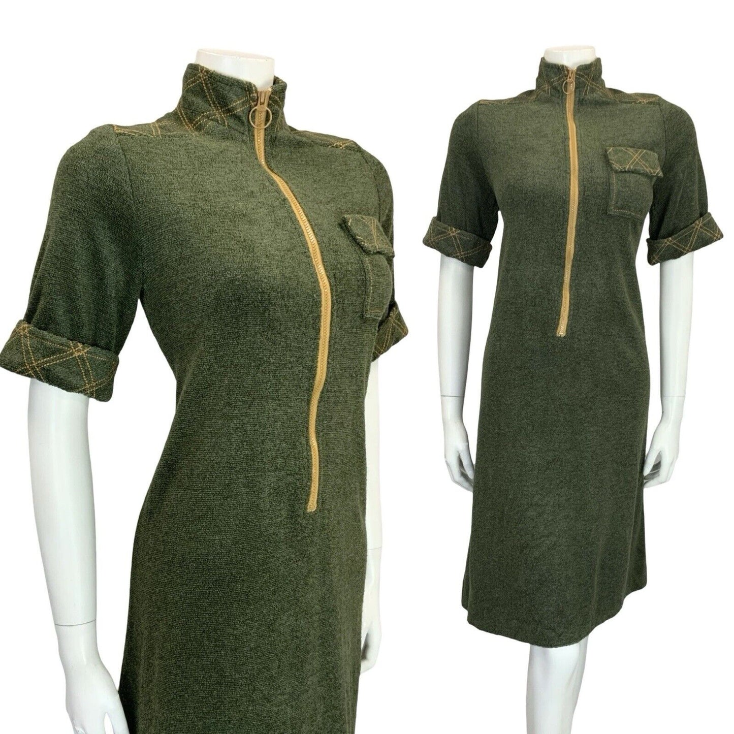 VTG 60S MOD SCOOTER GREEN MUSTARD YELLOW CONTRAST STITCH TOWEL SHIFT DRESS 10