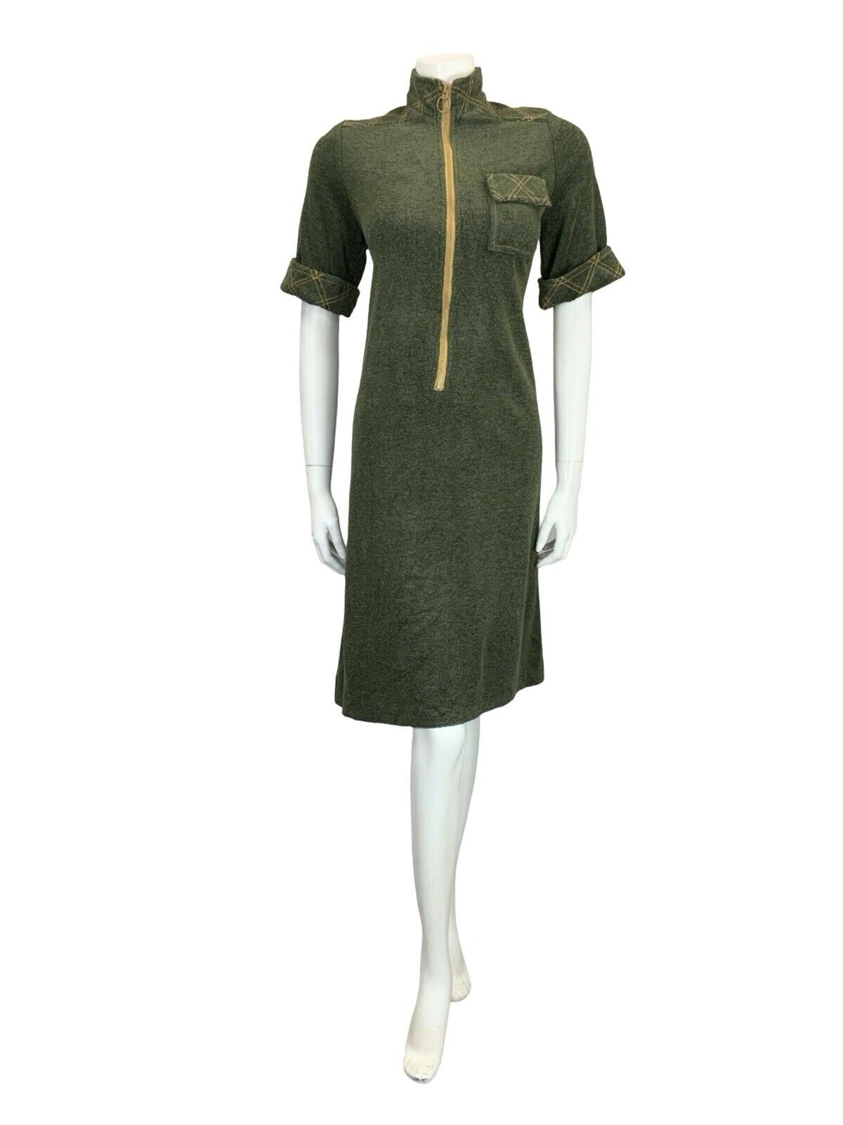 VTG 60S MOD SCOOTER GREEN MUSTARD YELLOW CONTRAST STITCH TOWEL SHIFT DRESS 10