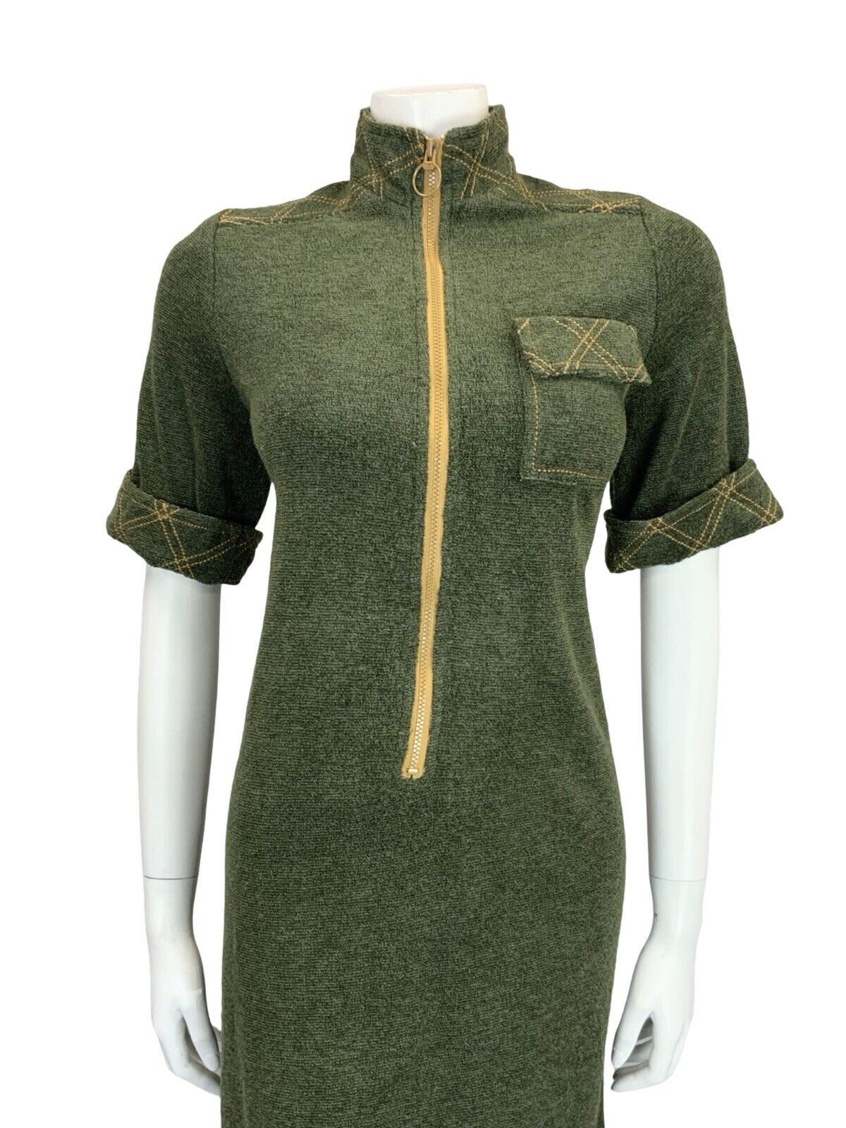 VTG 60S MOD SCOOTER GREEN MUSTARD YELLOW CONTRAST STITCH TOWEL SHIFT DRESS 10