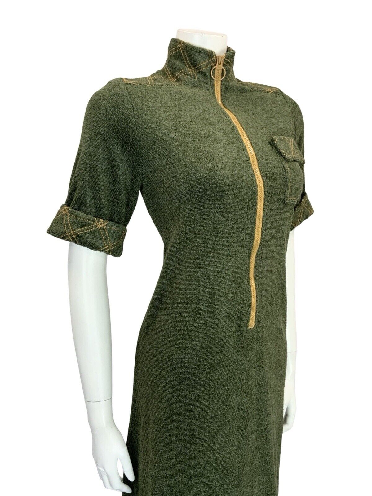 VTG 60S MOD SCOOTER GREEN MUSTARD YELLOW CONTRAST STITCH TOWEL SHIFT DRESS 10