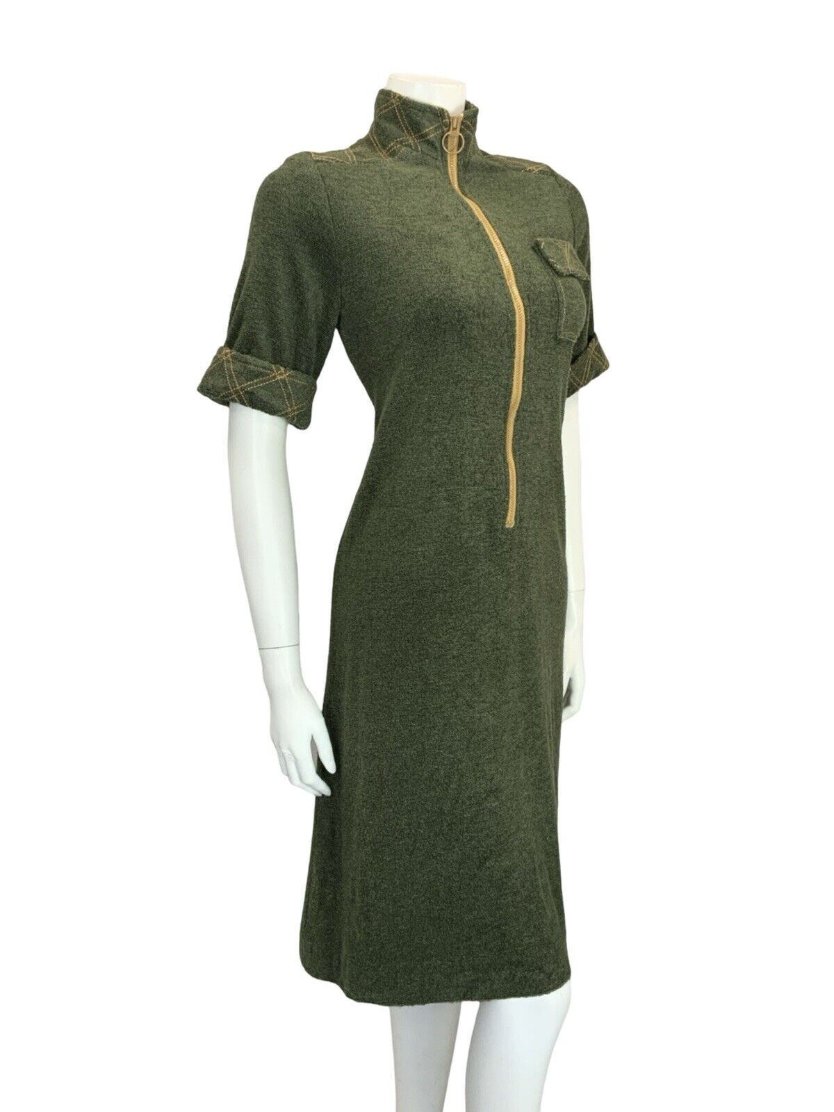 VTG 60S MOD SCOOTER GREEN MUSTARD YELLOW CONTRAST STITCH TOWEL SHIFT DRESS 10