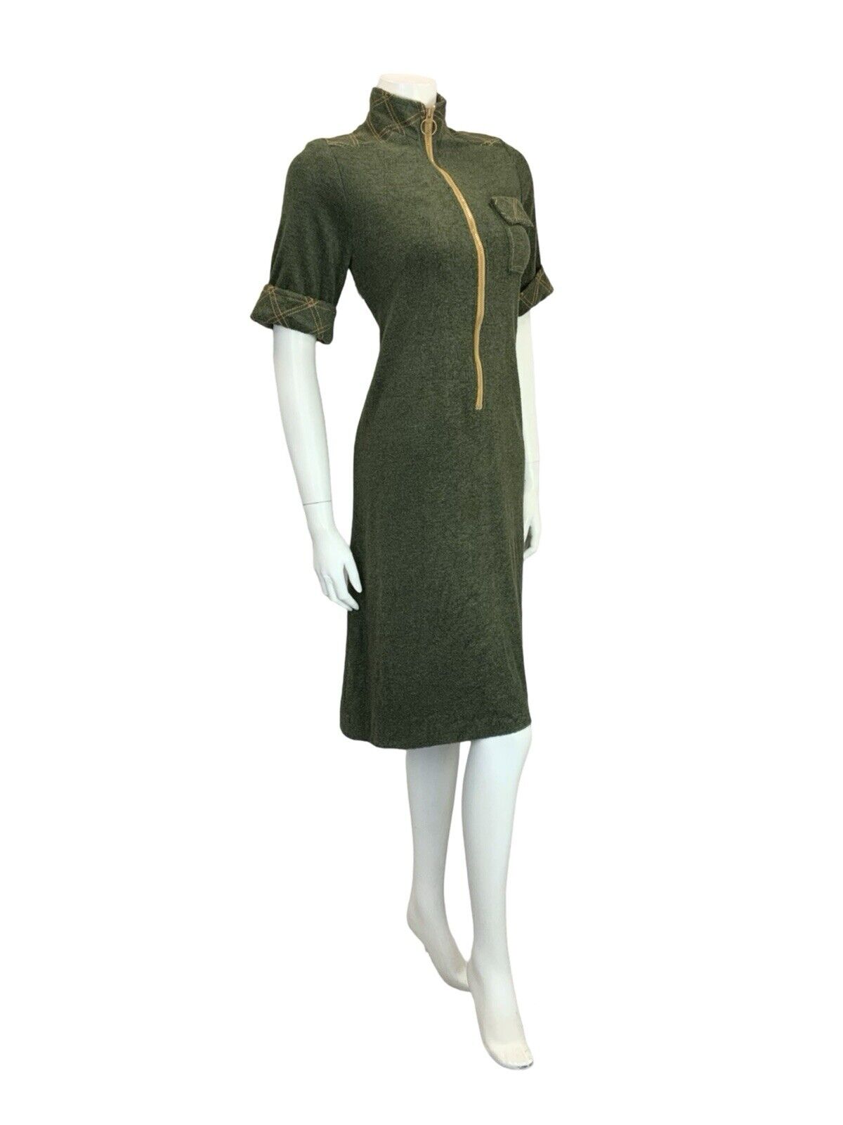 VTG 60S MOD SCOOTER GREEN MUSTARD YELLOW CONTRAST STITCH TOWEL SHIFT DRESS 10