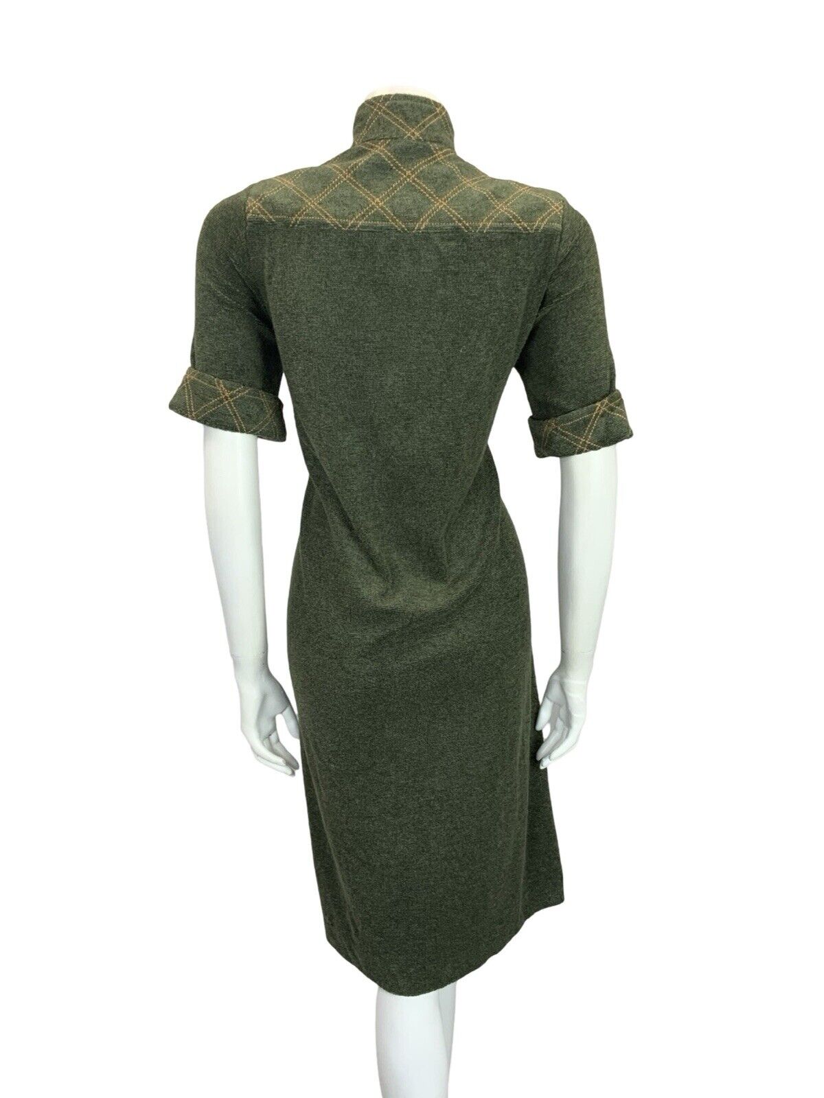 VTG 60S MOD SCOOTER GREEN MUSTARD YELLOW CONTRAST STITCH TOWEL SHIFT DRESS 10
