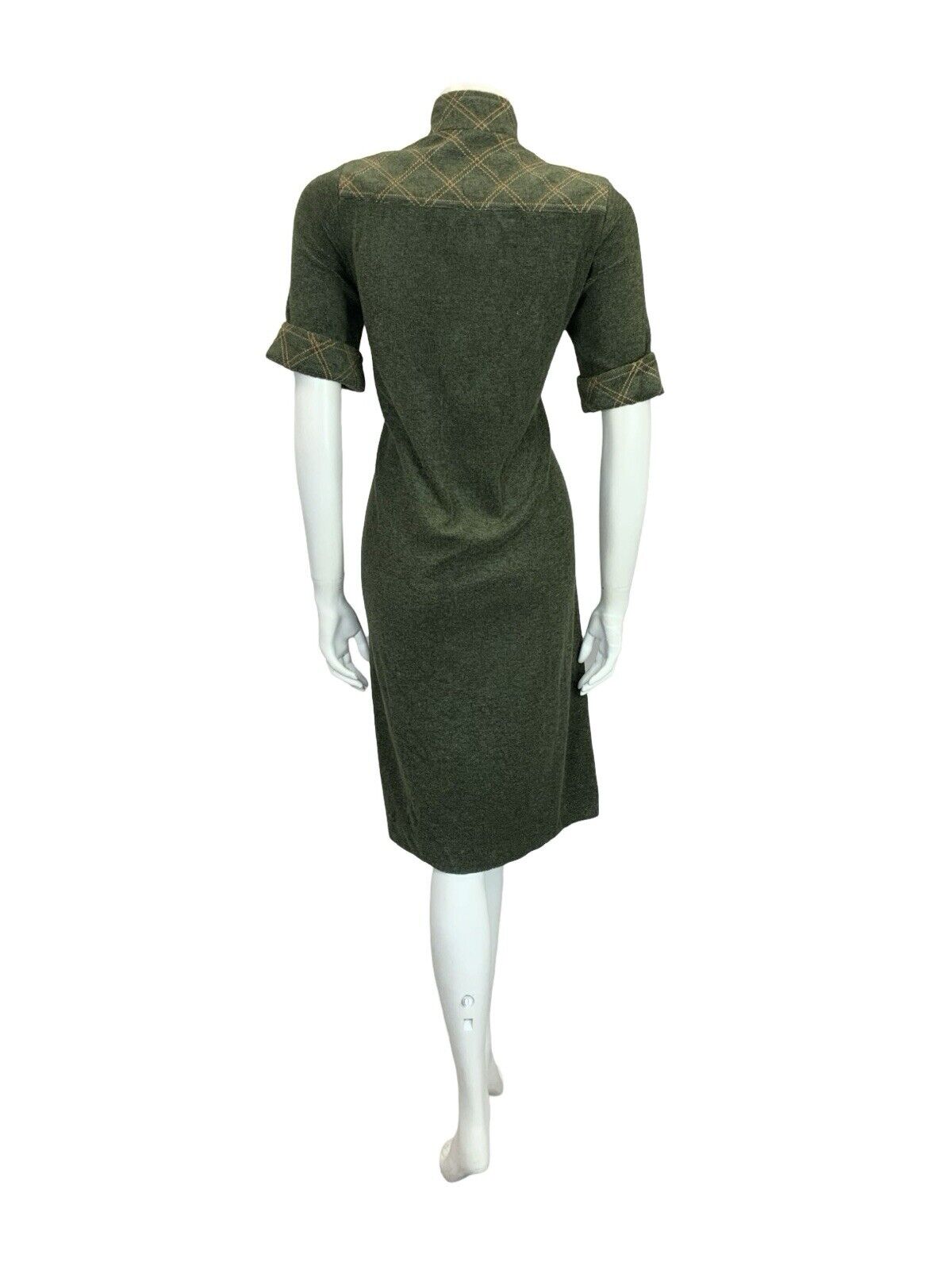 VTG 60S MOD SCOOTER GREEN MUSTARD YELLOW CONTRAST STITCH TOWEL SHIFT DRESS 10