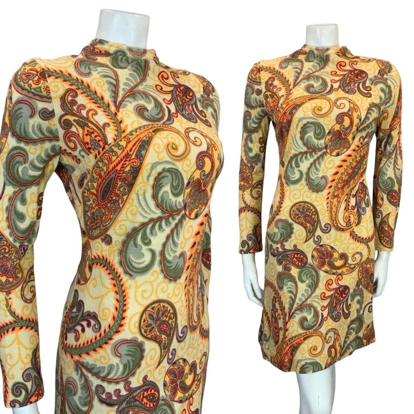 VTG 60S MOD GOGO CREAM RED ORANGE GREY PAISLEY PSYCHEDELIC SHIFT MINI DRESS 4 6