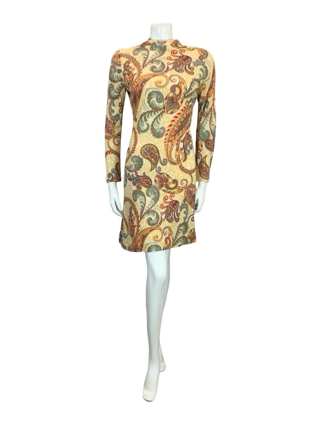 VTG 60S MOD GOGO CREAM RED ORANGE GREY PAISLEY PSYCHEDELIC SHIFT MINI DRESS 4 6