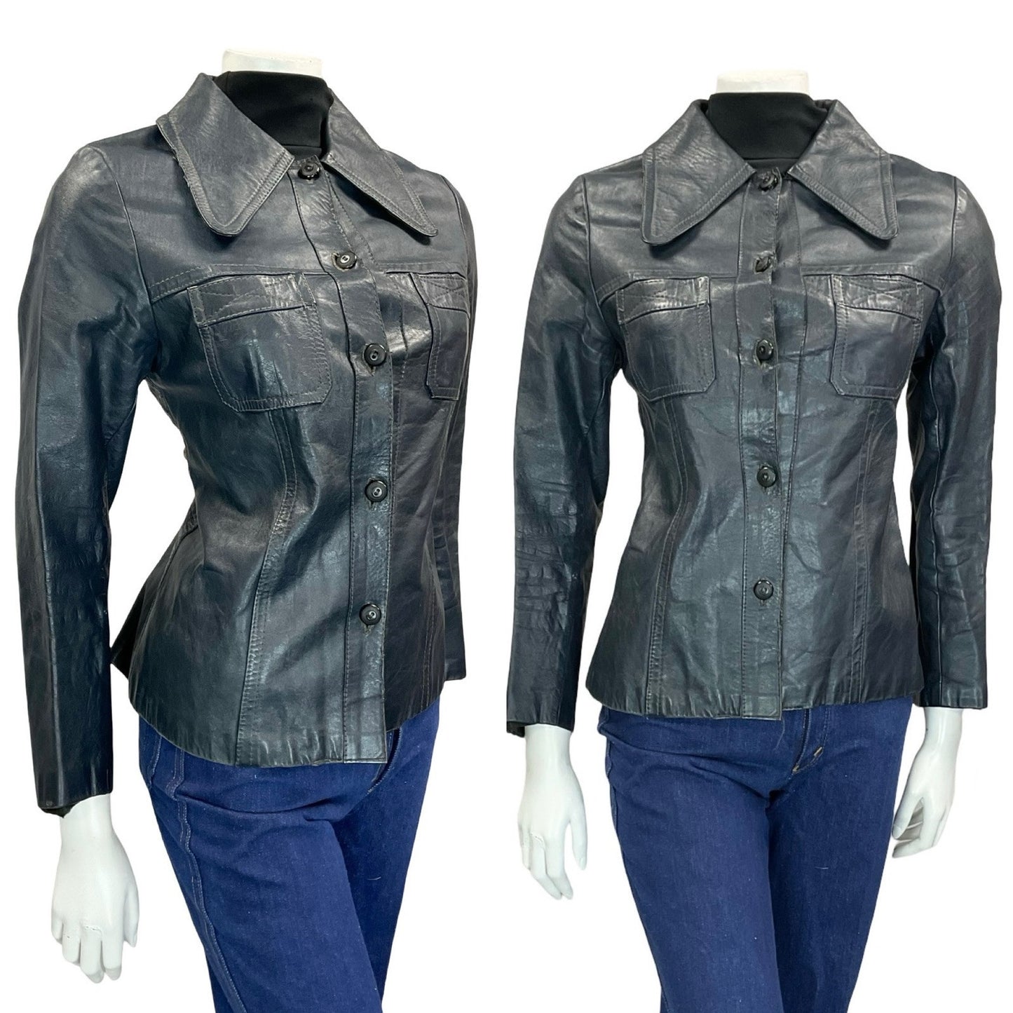 VTG 60S 70S DARK NAVY BLUE DOG EAR COLLAR SHORT LEATHER JACKET W POCKETS 8