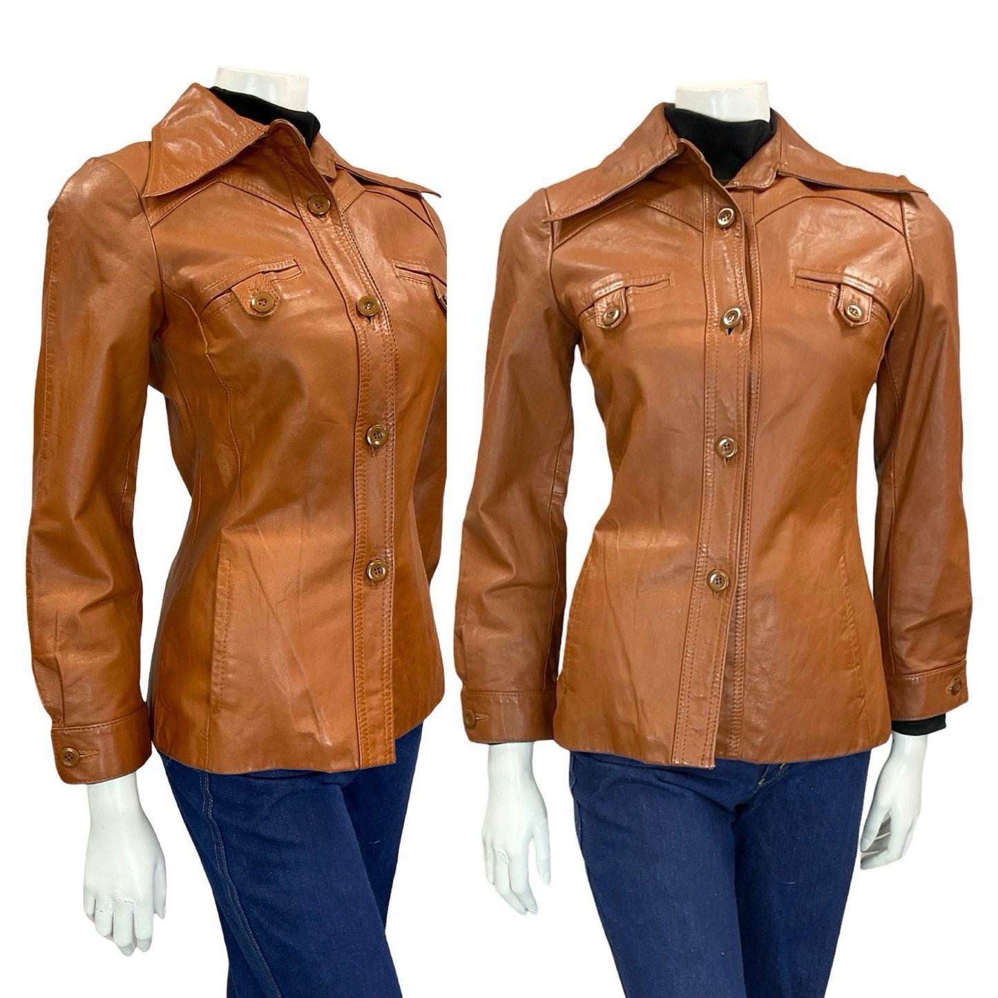 VTG 60S 70S TAN BROWN LEATHER SUPER WING DAGGER COLLAR LEATHER JACKET XS 6