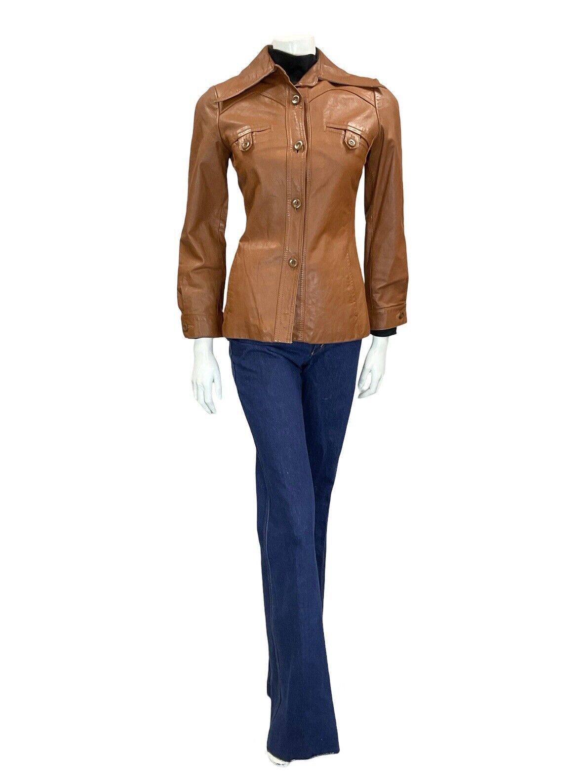 VTG 60S 70S TAN BROWN LEATHER SUPER WING DAGGER COLLAR LEATHER JACKET XS 6