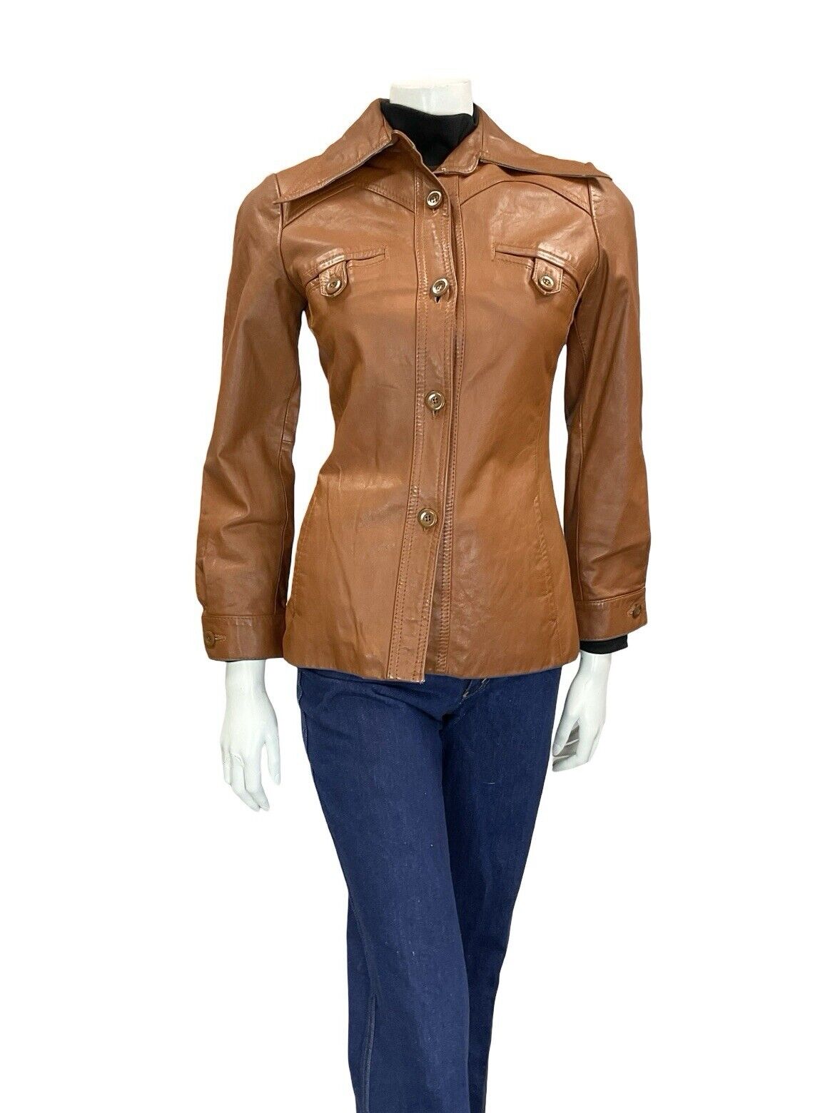 VTG 60S 70S TAN BROWN LEATHER SUPER WING DAGGER COLLAR LEATHER JACKET XS 6