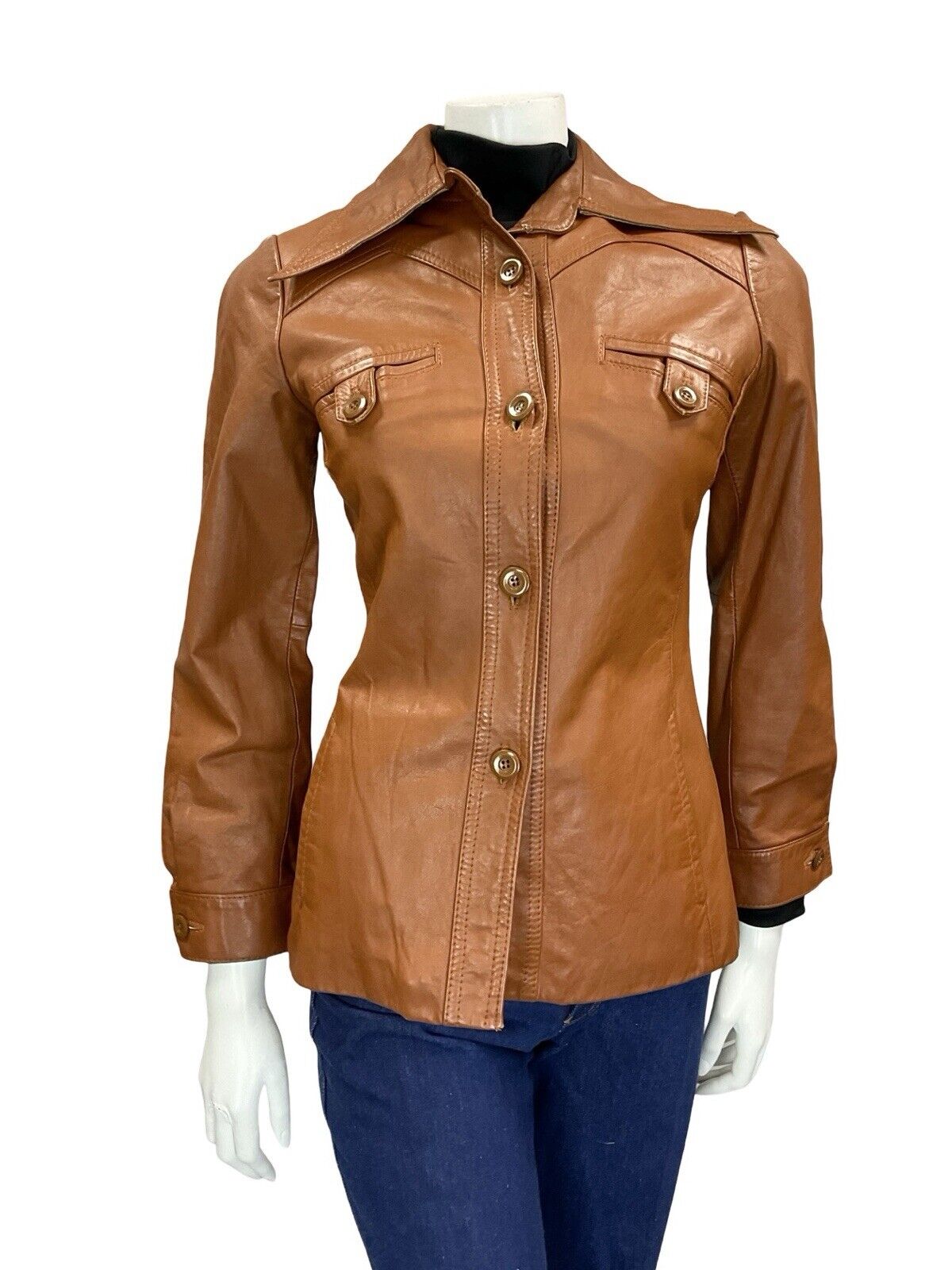 VTG 60S 70S TAN BROWN LEATHER SUPER WING DAGGER COLLAR LEATHER JACKET XS 6