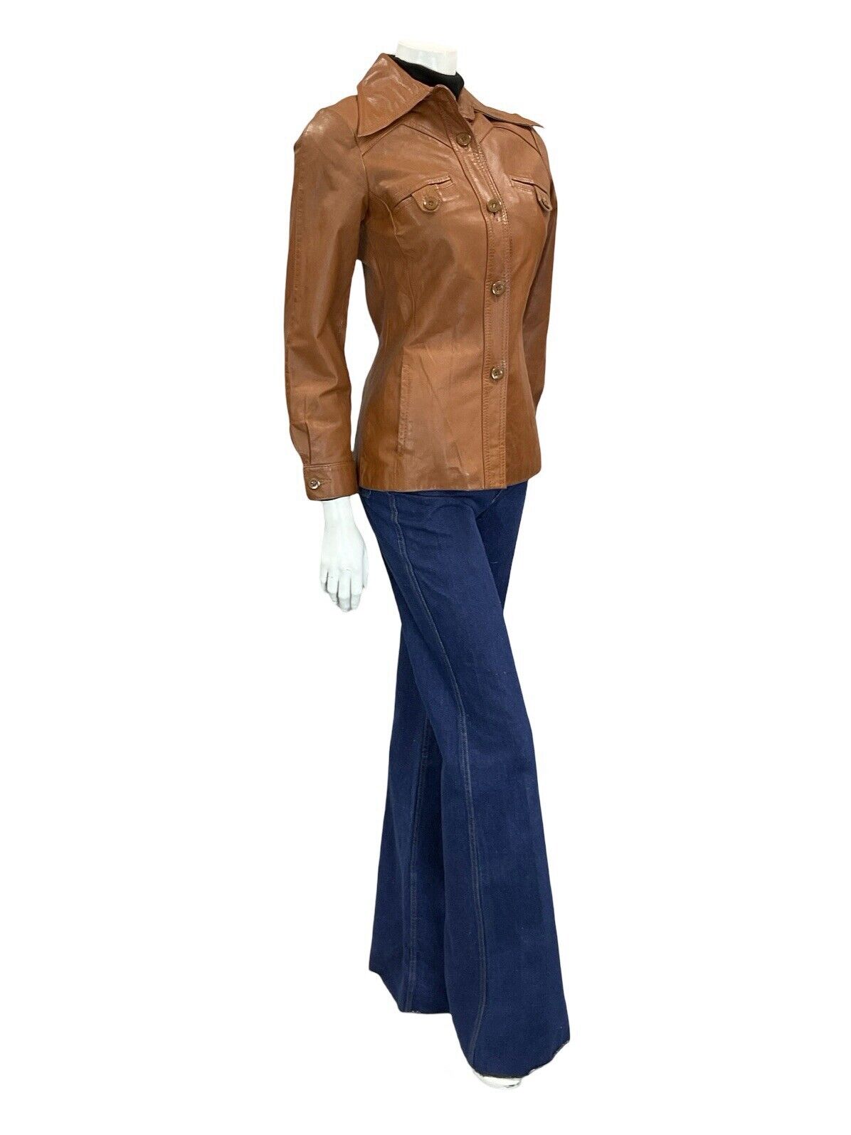VTG 60S 70S TAN BROWN LEATHER SUPER WING DAGGER COLLAR LEATHER JACKET XS 6