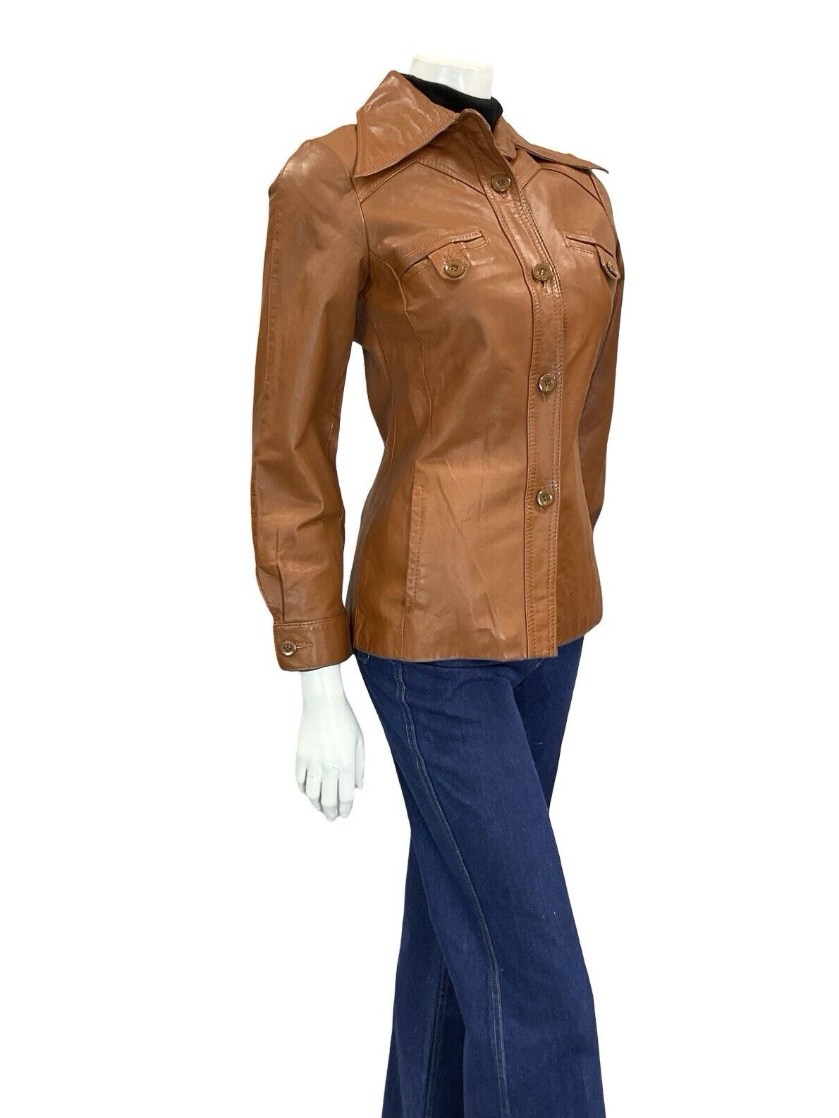VTG 60S 70S TAN BROWN LEATHER SUPER WING DAGGER COLLAR LEATHER JACKET XS 6